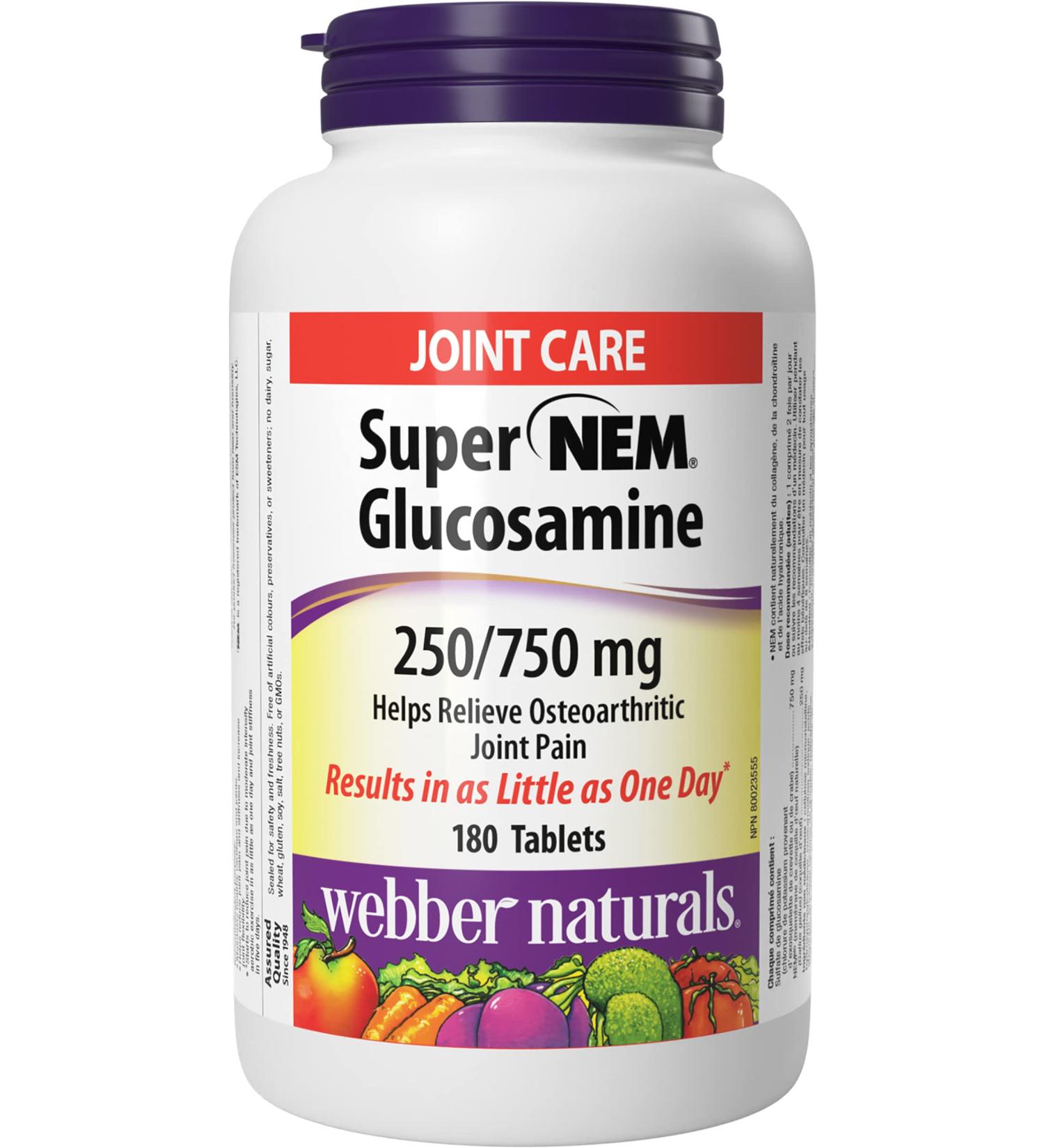 Webber Naturals Super NEM Glucosamine 180 Tablets Natural Eggshell Membrane for Support of Joint Pain and Stiffness Non-GMO Gluten and Dairy Free Unflavored 180 count (Pack of 1) - Buy Online on GoSupps.com