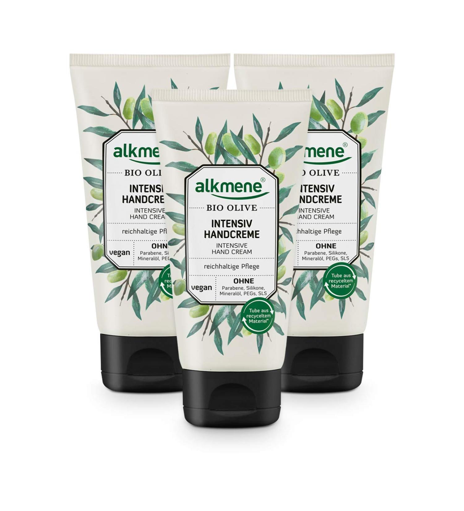 alkmene Organic Olive Hand Cream - Very Dry Hand Repair Cream - Vegan Free from Silicones Parabens Mineral Oils PEGs SLS & SLES - Hand Care (3x 75ml) - Buy Online on GoSupps.com