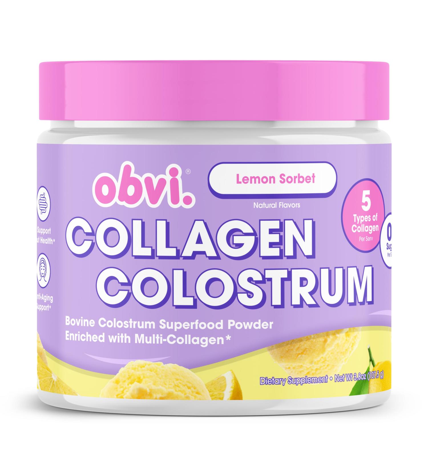 Obvi Collagen Peptide Colostrum Powder | Multi-Collagen Peptides with Grass-Fed Bovine Colostrum | Supports Gut Health Immune Skin & Hair | Gluten-Free Keto-Friendly | Lemon Sorbet 30 Servings - Buy Online on GoSupps.com