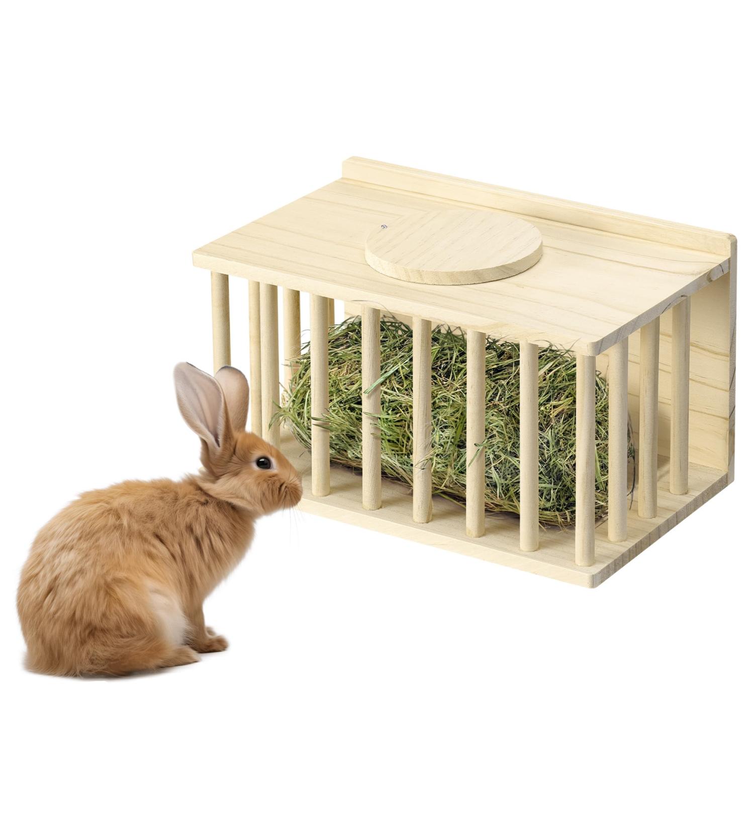 Navaris Wooden Hay Feeder for Small Pets - Rabbit and Guinea Pig Hay Rack - Natural Pine Wood Pet Hay Holder with Sliding Lid - Keeps Hay Tidy and Organised - Buy Online on GoSupps.com