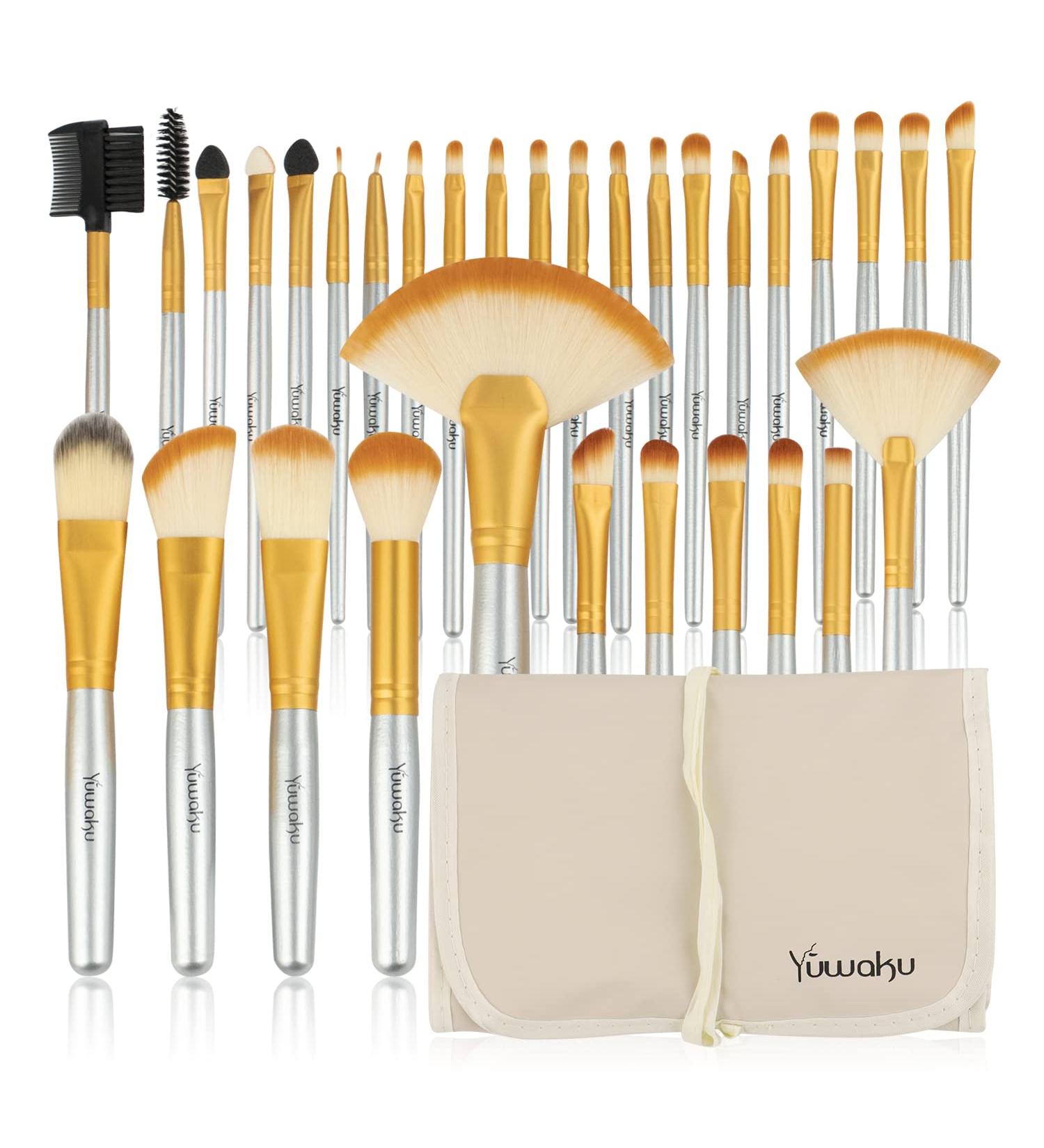 Yuwaku Champagne Makeup Brushes Set - 32 Piece Cruelty-Free Synthetic Fiber Bristles with Travel Case - Valentines Day Gift for Kids - Foundation, Powder, Blush, Eyeshadow - NO Shedding - Buy Online on GoSupps.com