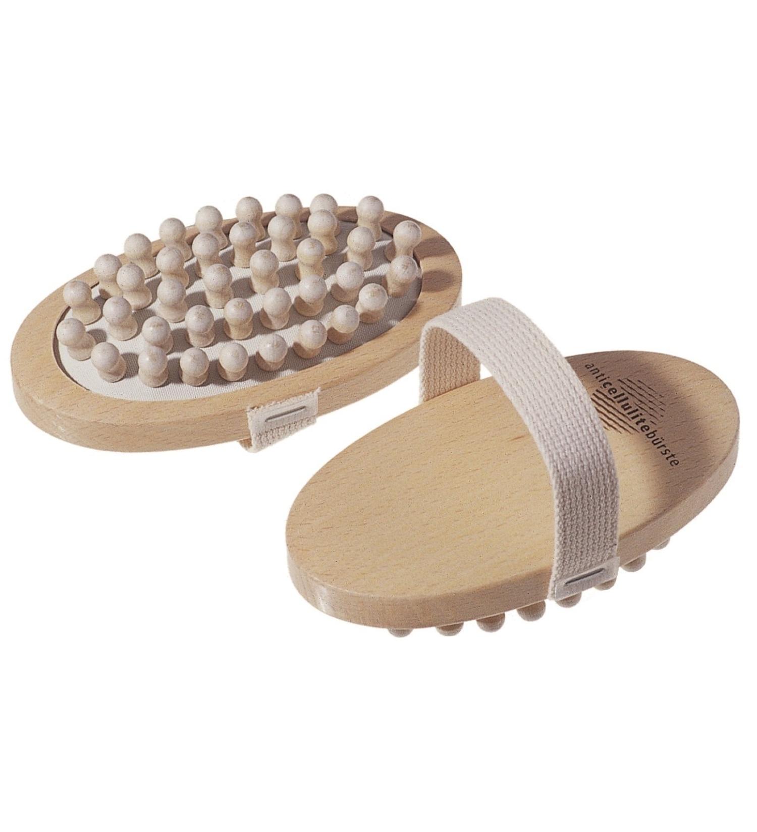 Anti cellulite brush - care brush personal hygiene massage brush - made of home beech wood with 38 wooden knobs and tartar strap made of cotton against orange skin dimensions approx. 135 x 70 mm