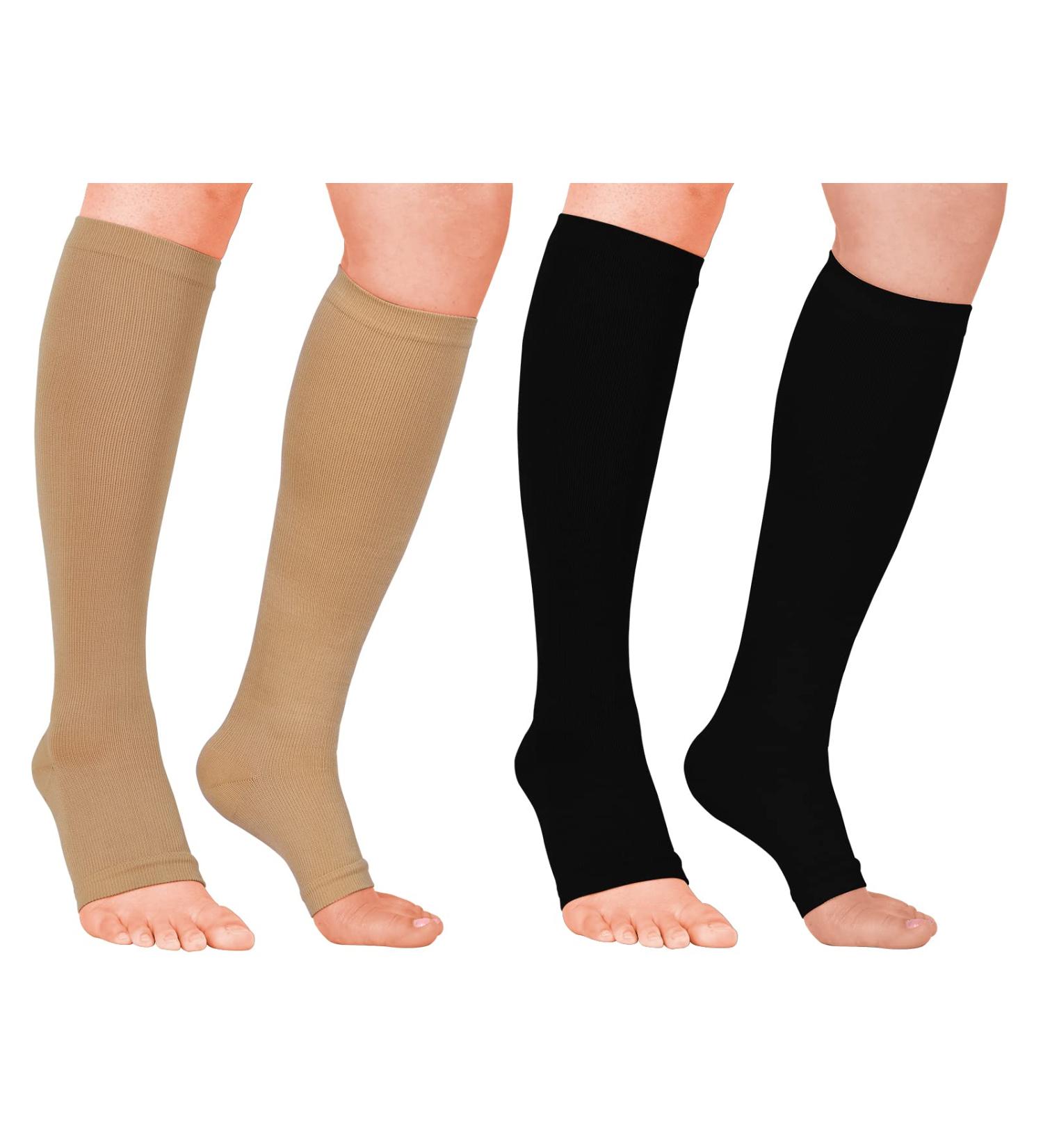 GODORIO Open Toe Compression Socks - 2 Pairs Knee High 15-25 mmHg Best Support for Men & Women - Black/Beige 2X-Large - Buy Online on GoSupps.com