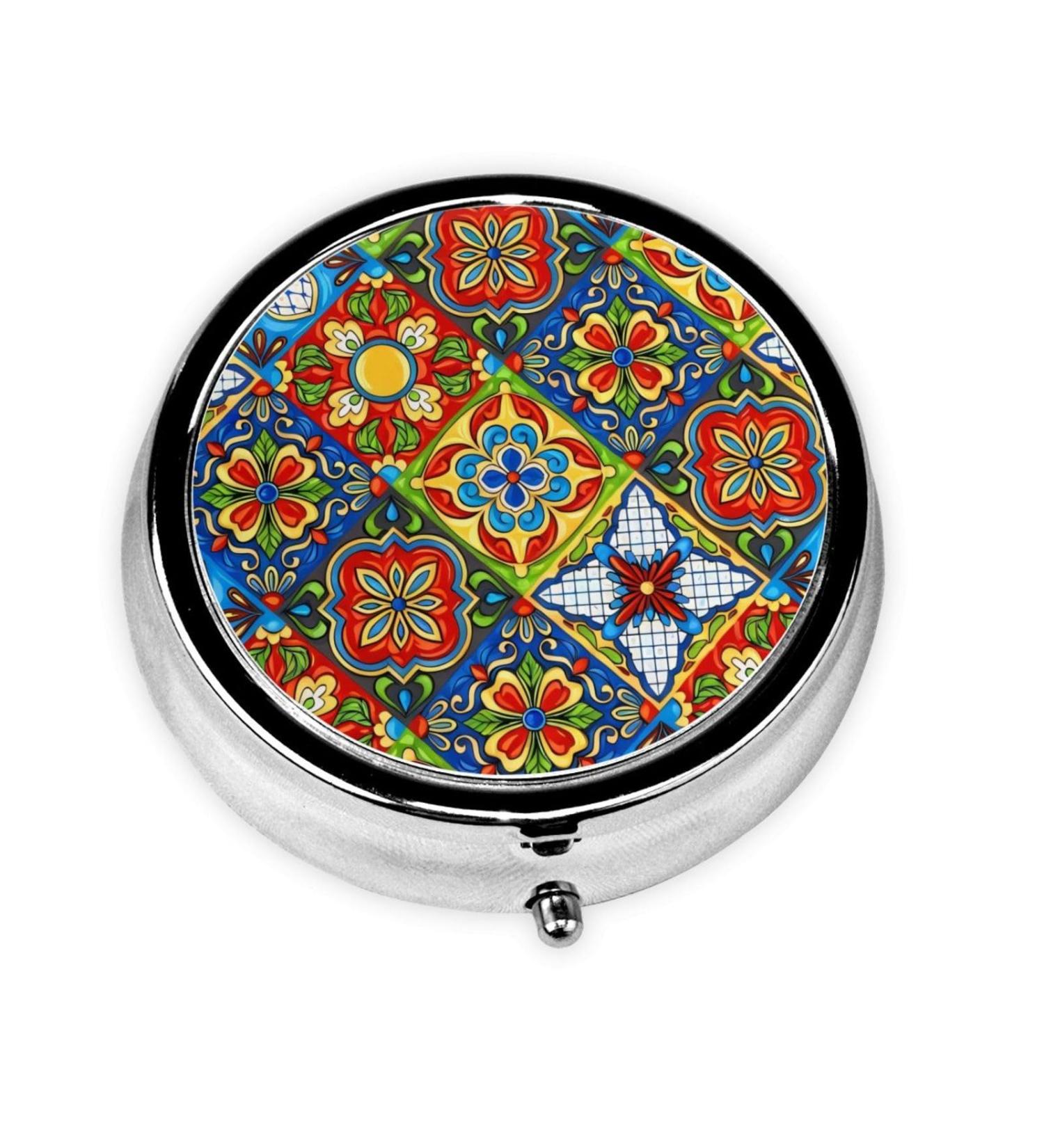 Mexican Ceramic Tile Portable Metal Pill Box - Round Mini 3-Compartment Design for Small Pills - Perfect for Travel - Buy Online on GoSupps.com