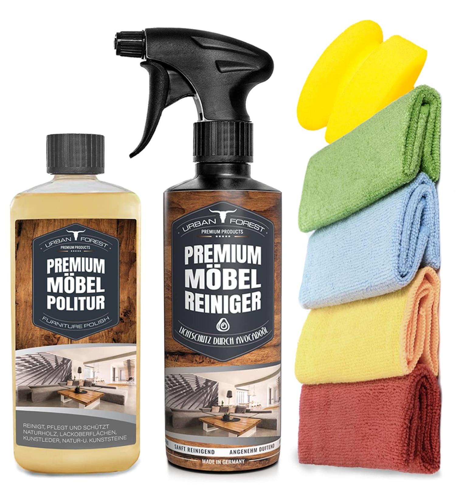 Urban Forest Sparset Premium Furniture Cleaner & Wood Oil Set | Colorless Care for Wood & Leather - Includes Sponge & 4 Microfiber Cloths - Buy Online on GoSupps.com
