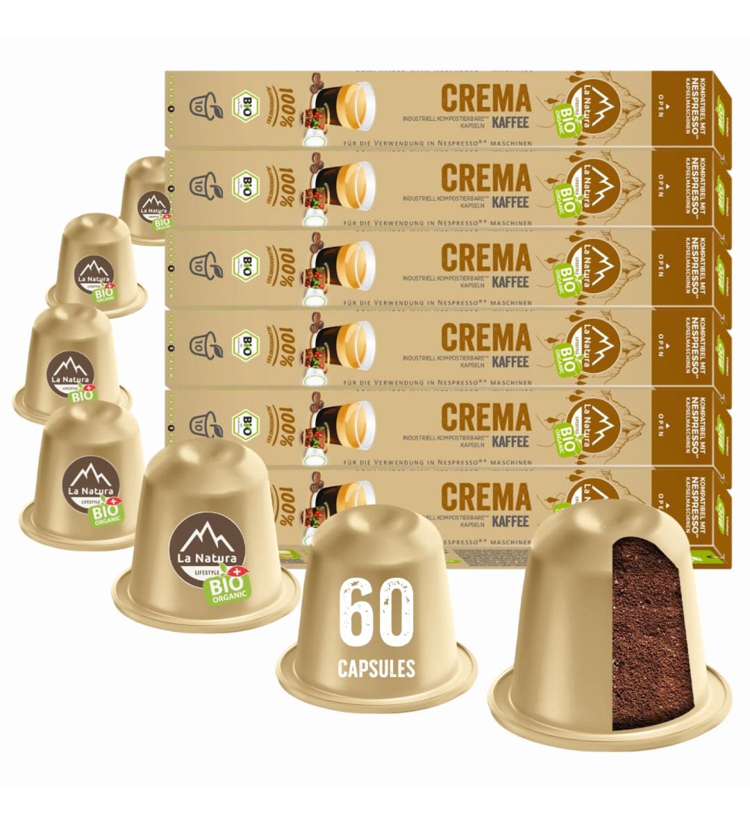 La Natura Lifestyle CAF BIO CREMA 60 coffee capsules compatible with Nespresso capsule machines | 100% industrially compostable | Environmentally friendly | - Buy Online on GoSupps.com