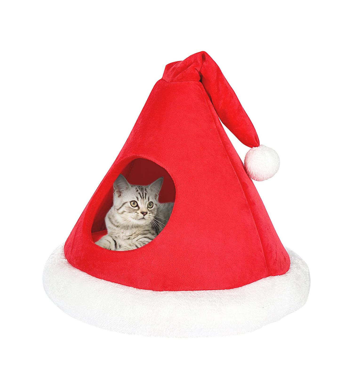 Laamei Cat Bed Christmas Tree Tent House | 2-in-1 Self-Warming Foldable Triangle Cave for Indoor Cats | Cozy Comfort with Christmas Hat Design - Buy Online on GoSupps.com