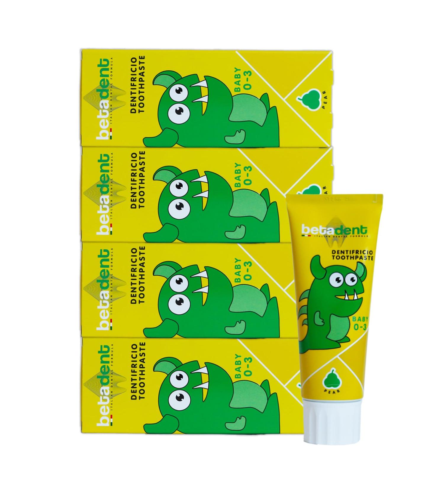  BETADENT Betadent 4 x Baby Toothpaste Kit for Children from 0 to 3 Years without Fluoride Pear Flavour Antiplaque Action Easy Teething Natural Formulation 4 x 75 ml - Buy Online on GoSupps.com