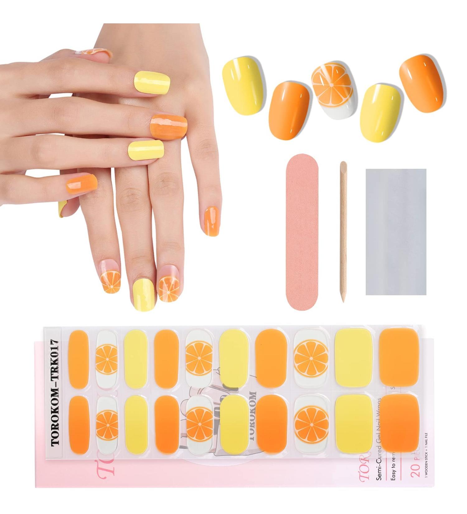 EBANKU Semi Cured Gel Nail Strips - Long Lasting Waterproof Nail Polish Wraps in Yellow and Orange | Includes Cuticle Stick, Nail File, Wipes - DIY Gel Nail Stickers - Buy Online on GoSupps.com