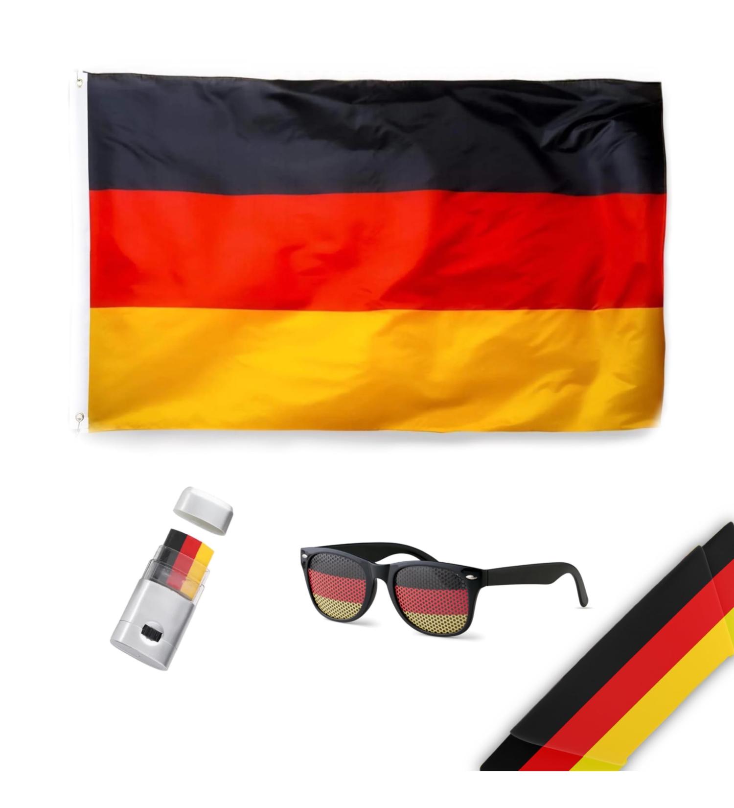 Groxuel Germany Flag Pack 150x90cm with Eyelet Makeup Pencil & Sunglasses | Ultimate Germany Fan Gear for EM 2024 - Buy Online on GoSupps.com