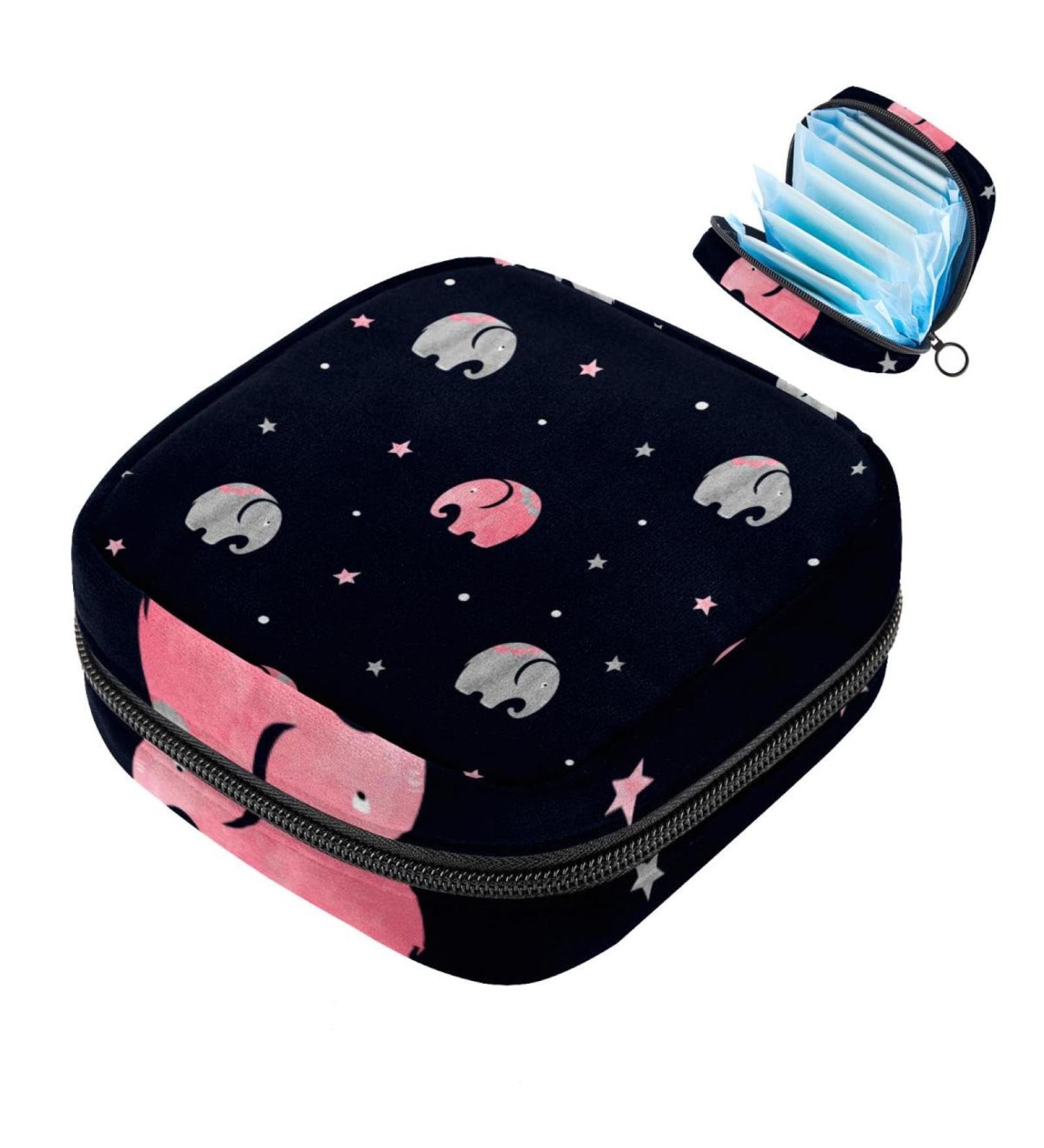 Cute Elephant Sanitary Napkin Storage Bag - Large Zippered Organizer for Period Pads & Tampons - Pink Gray Multicolor - Perfect for Girls & Women - Buy Online on GoSupps.com