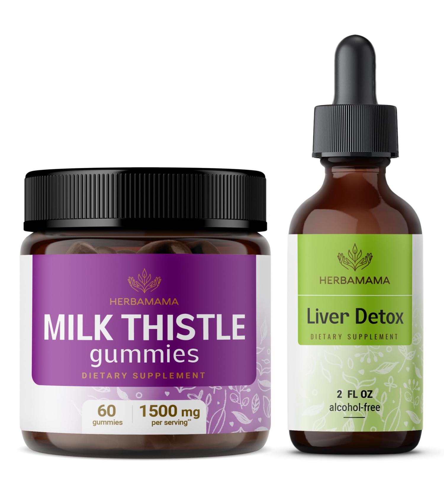 HERBAMAMA Milk Thistle and Liver Support Complex Kit - Bundle of Milk Thistle Gummies & Liver Detox Liquid Complex 4 fl oz - Vegan Non-GMO Alcohol-Free - 2 Pack - Buy Online on GoSupps.com