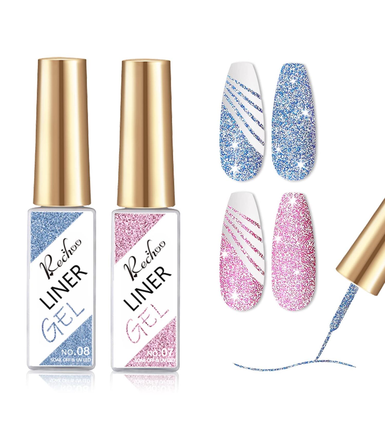Rechoo 2pcs Pink & Blue Diamond Glitter Gel - 8ml Reflective Shellac for Nail Art - Sparkly Shiny Liner for French Design - Buy Online on GoSupps.com
