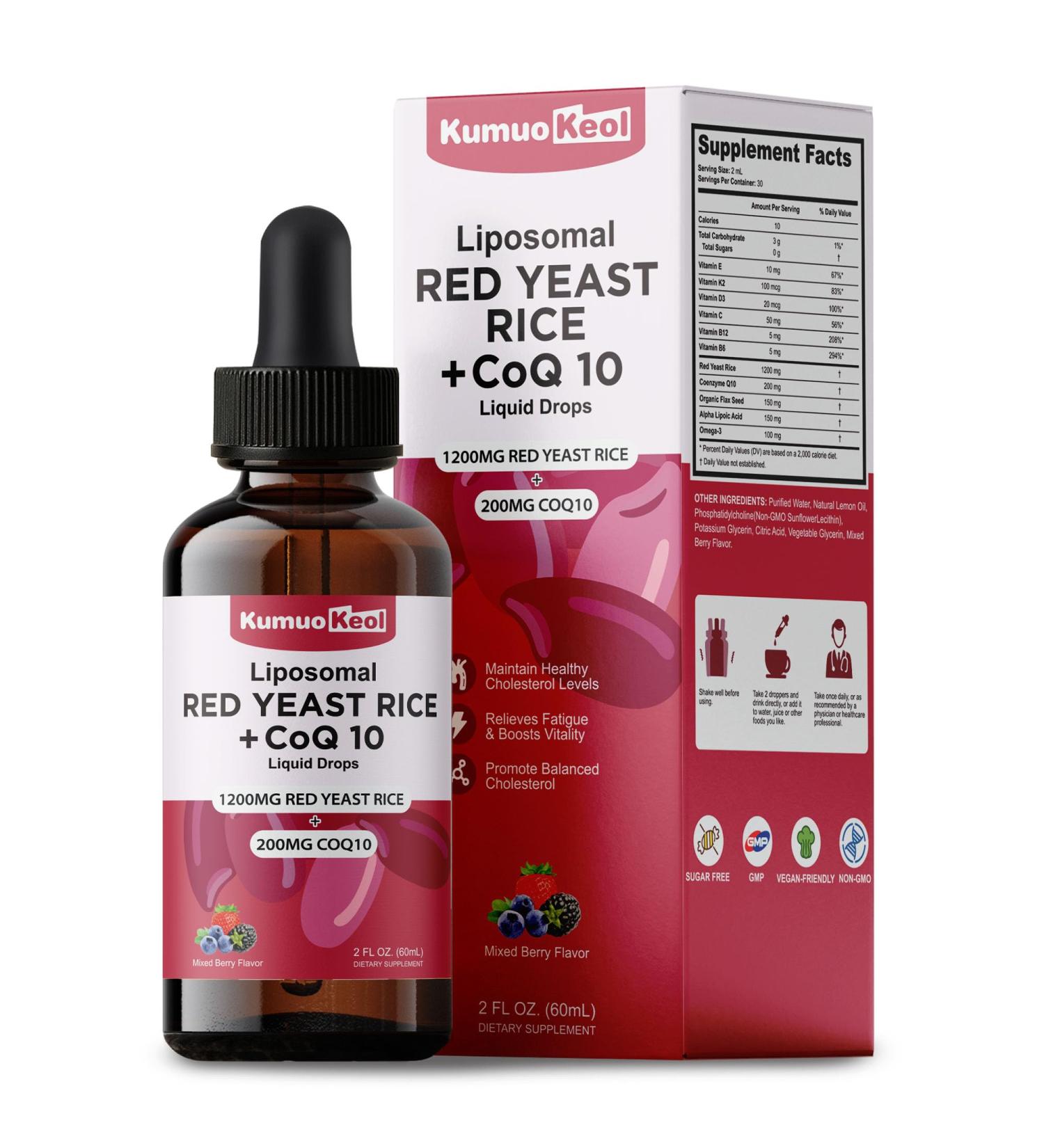KumuoKeol Liposomal Red Yeast Rice with CoQ10 Liquid Drops 1200mg Red Rice Yeast Extract for Cholesterol Supplement with Omega-3 & Vitamins for Antioxidant Heart Health Vegan 2 FL OZ - Buy Online on GoSupps.com
