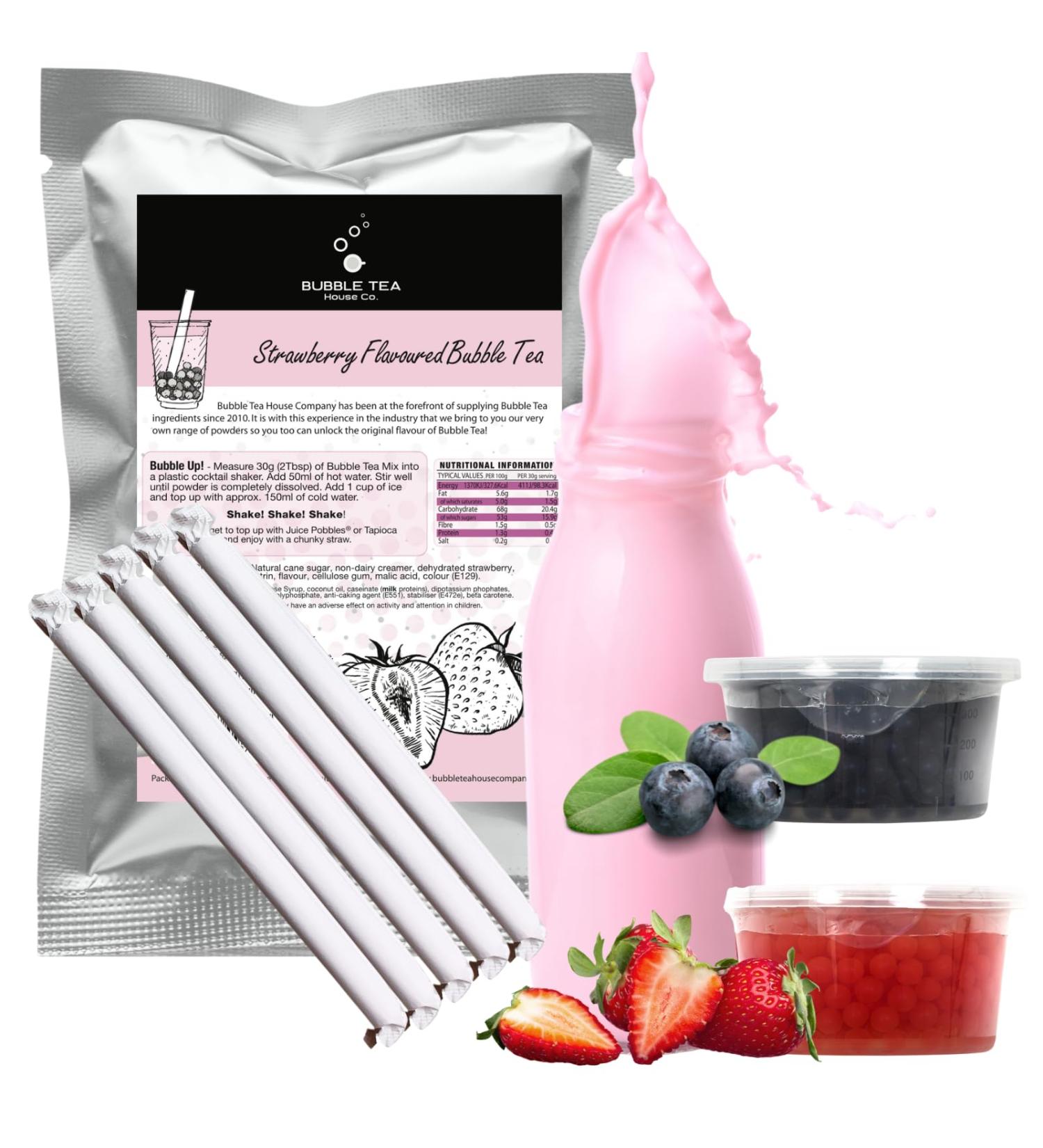 Ultimate Bubble Tea Kit STRAWBERRY (30 Servings) - Featuring Blueberry and Strawberry Juice Pobbles and Paper Straws - Buy Online on GoSupps.com