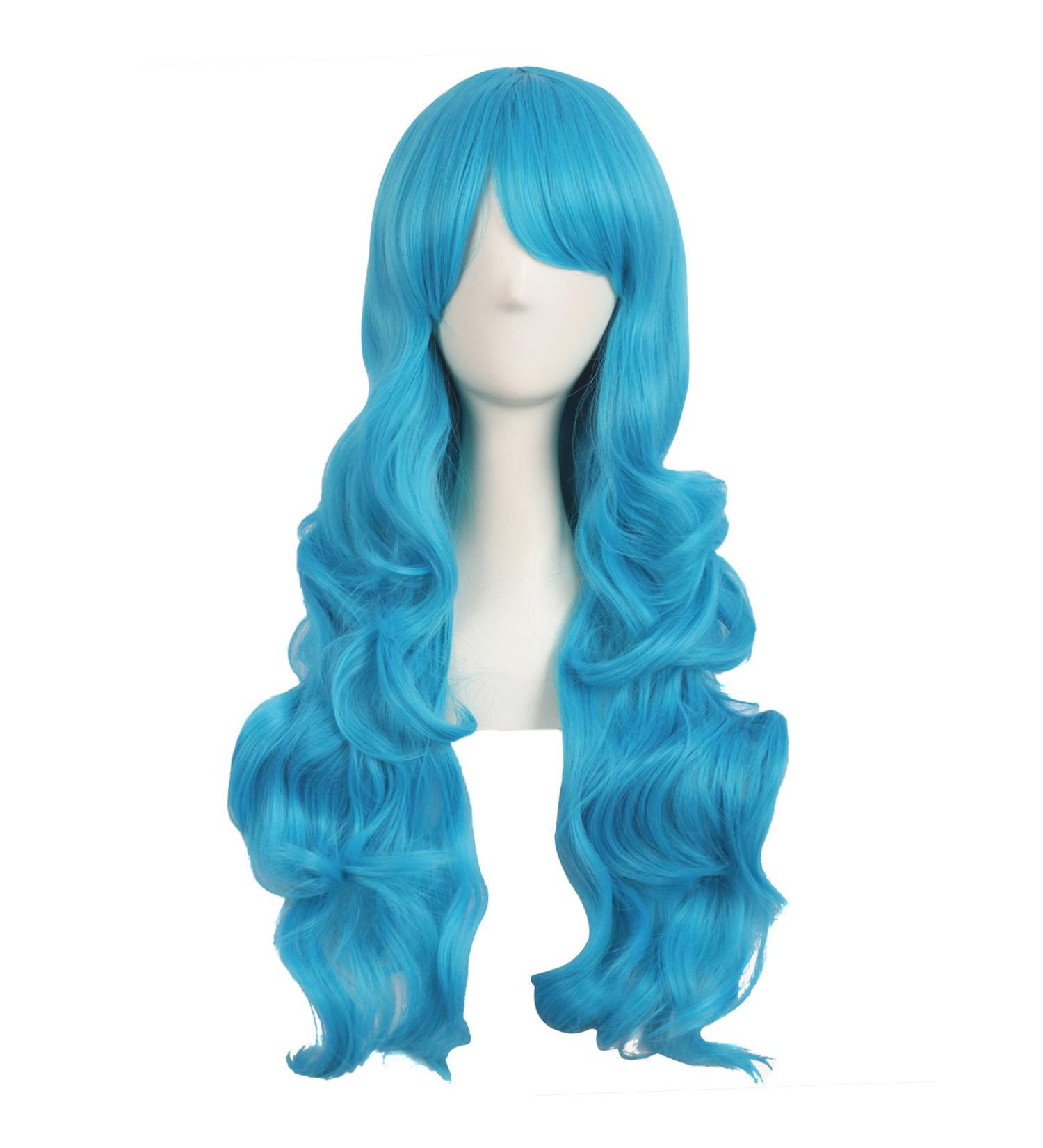 MapofBeauty 28 Cyan Blue Long Curly Wig with Side Part Bangs | Charming Full Hair for Women - International Shipping Available - Buy Online on GoSupps.com