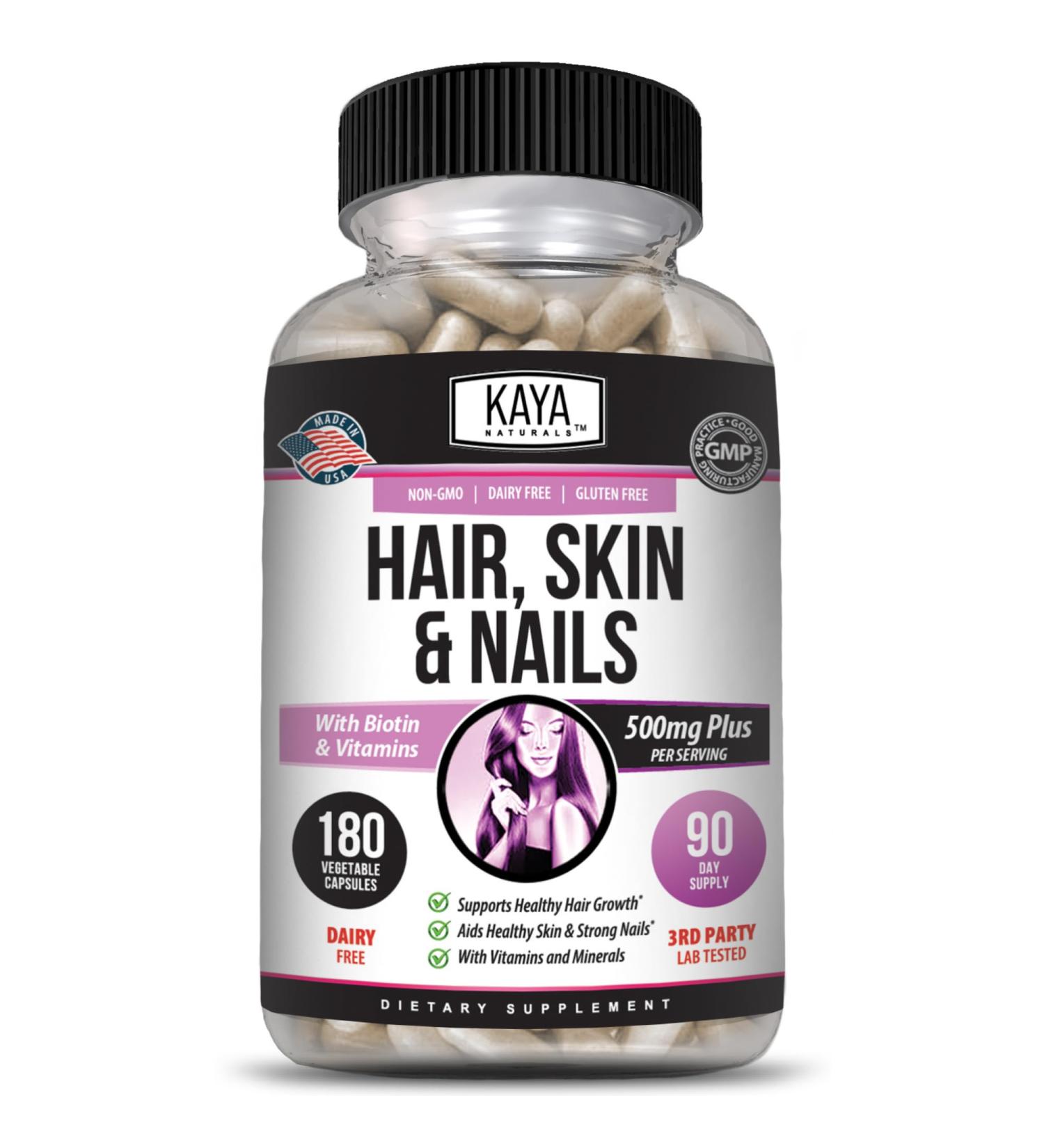 Kaya Naturals Hair Skin Nail Capsules BIOTIN Vitamin D Vitamin B-12 A Folic Acid Support Hair Support Vitamin Supplement - 180 Count 180 Count (Pack of 1) - Buy Online on GoSupps.com