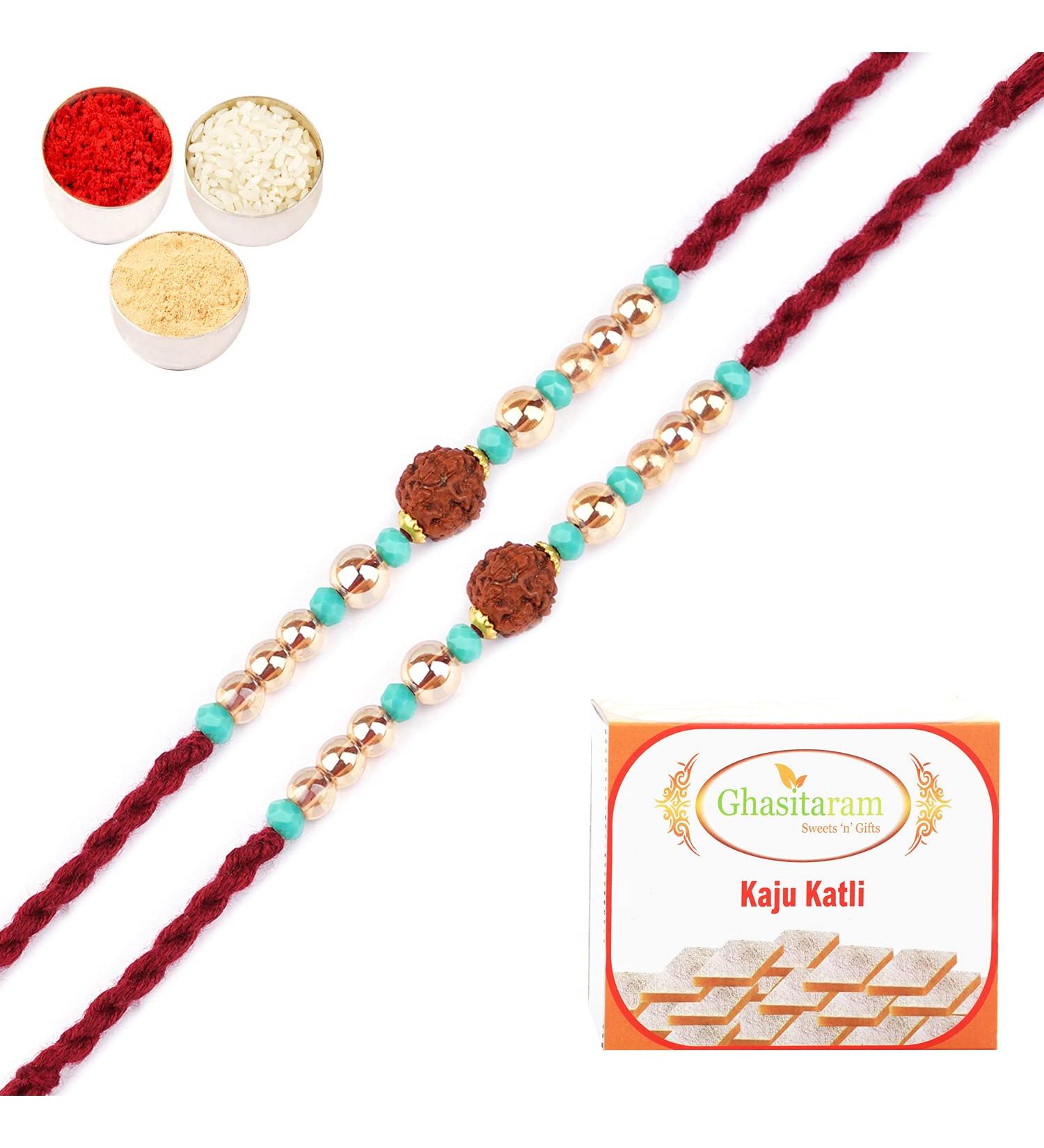 Ghasitaram Gifts Rakhi for Brother Rakhis Online - Set of 2-1903- Rudraksh Rakhi with 400 GMS of Kaju katli Set of 2 Rakhis with 400 gms of Kaju katli - Buy Online on GoSupps.com