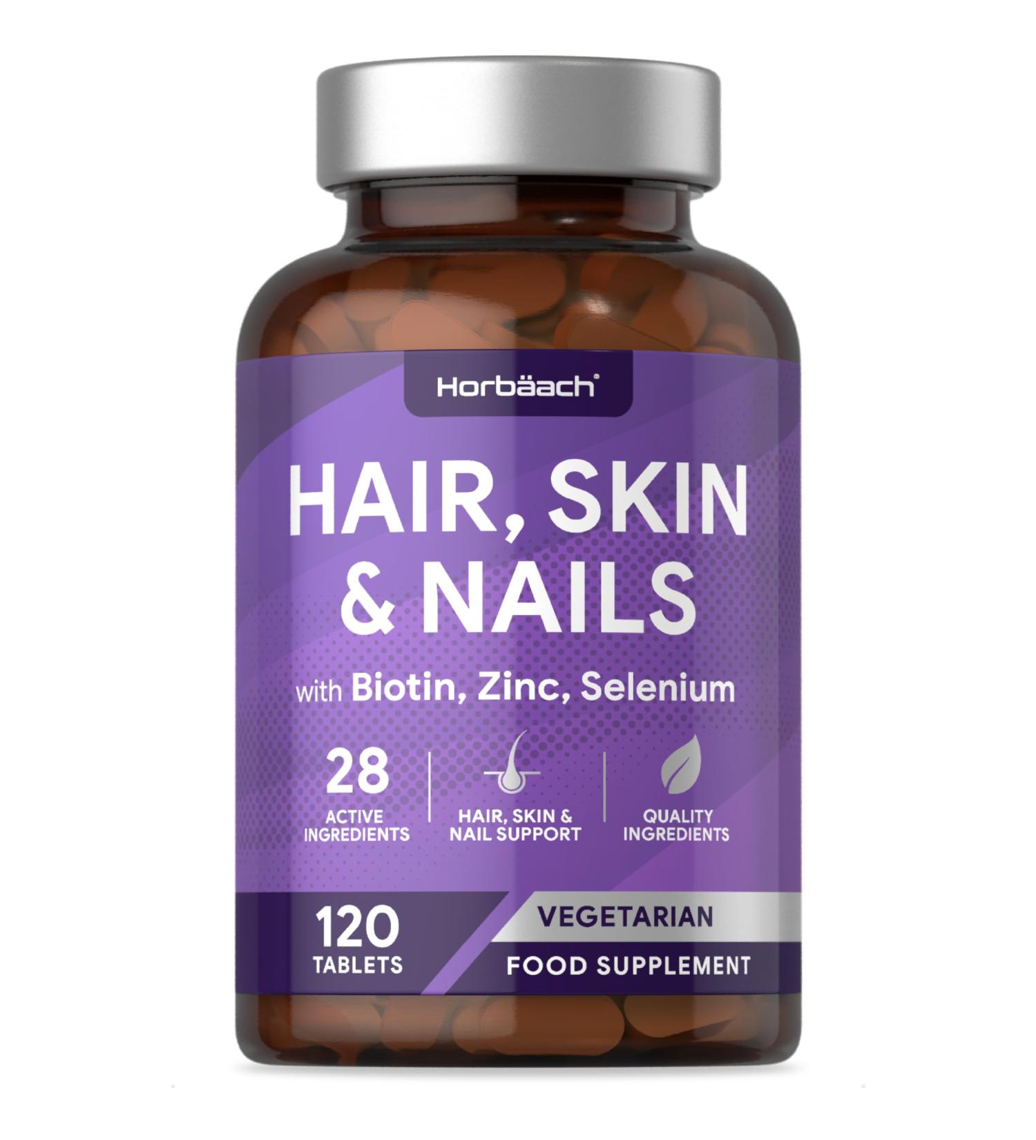 Hair Skin and Nails Vitamins with Biotin, Zinc and Selenium | 120 Vegetarian Tablets | Beauty Supplement for Women and Men by Horbaach - Buy Online on GoSupps.com