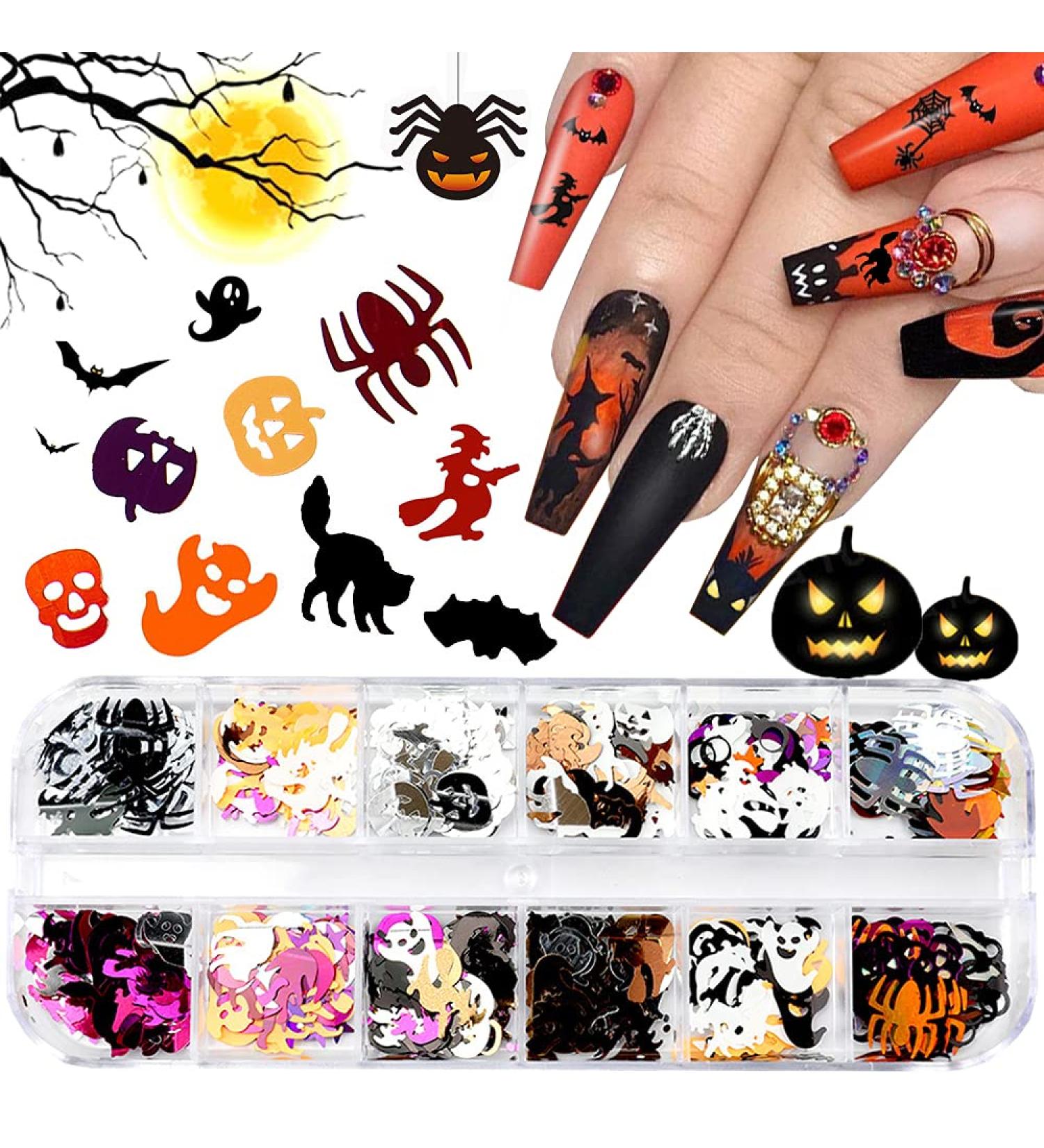 Halloween Nails Glitter Sequins 12 Colours Glitter for Nails Pumpkin Bat Black Halloween Nail Glitter Sequins Stickers Nail Decoration - Buy Online on GoSupps.com