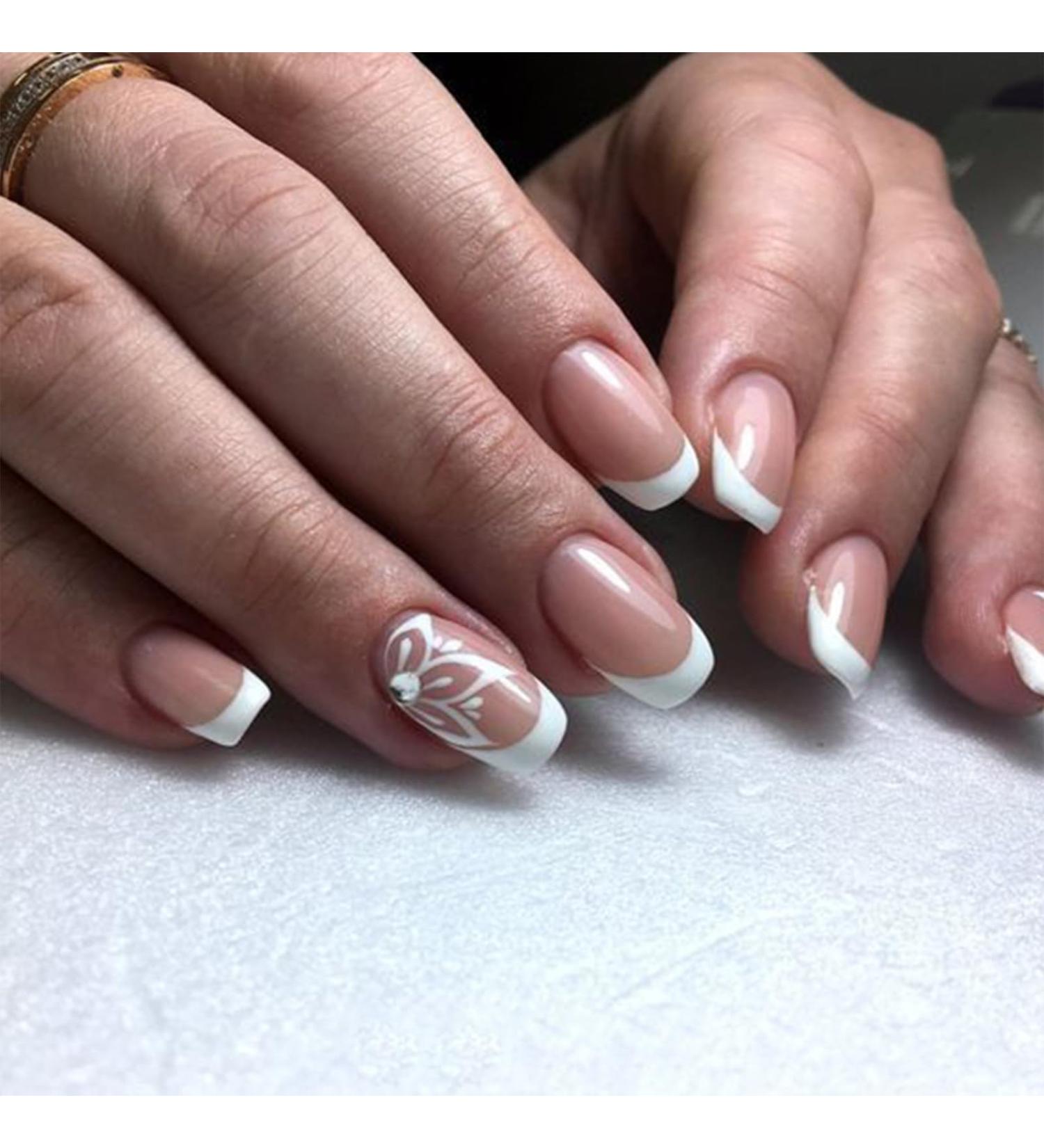 24PCS French Almond Square Press On Nails - Full Cover Acrylic False Nails with Glue - French Stamen Style for Women and Girls Nail Art - Buy Online on GoSupps.com