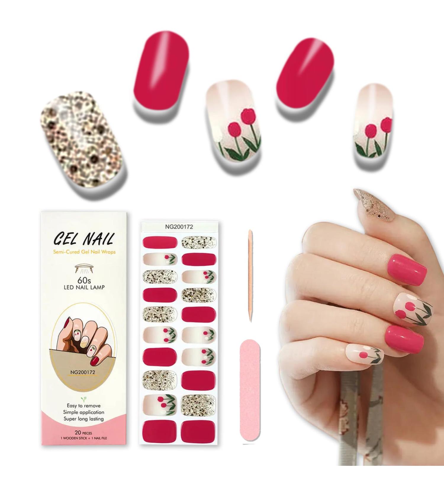 Foyute Semi Cured Gel Nail Strips 20 Pcs Soft Self-Adhesive Gel Nail Polish Wraps Sticker for Salon-Quality Manicure Set Long Lasting Easy to Apply & Remove Nail File & Wooden Stick (Cherries) - Buy Online on GoSupps.com