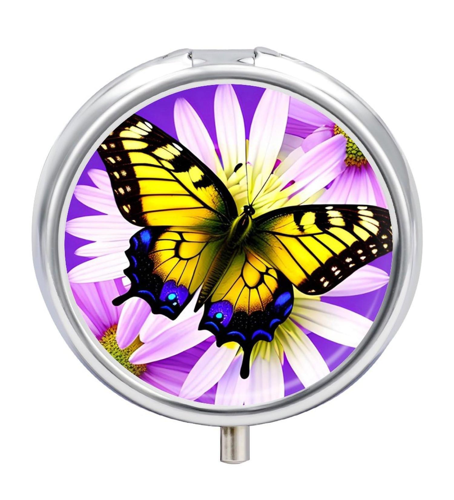 Travel Pill Box - 3 Compartment Portable Pill Organizer with Spring Butterfly & Flower Print - Small Round Medicine Case for Purse & Pocket - Buy Online on GoSupps.com