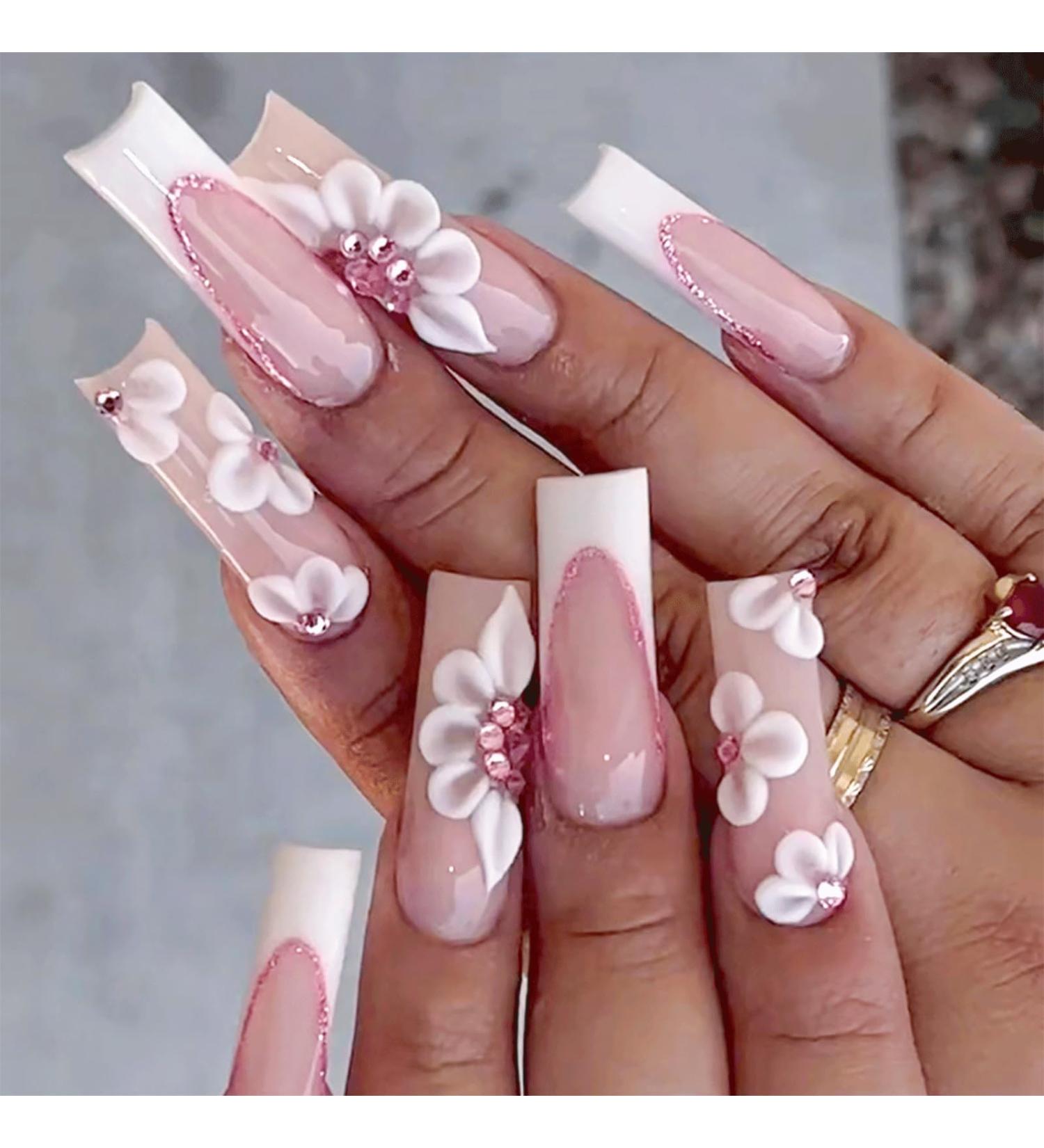 French Long Coffin False Nails - 24Pcs Pink with Flower Glitter | Press On Nails for Women | Glue-On Ballerina Nail Tips - Buy Online on GoSupps.com