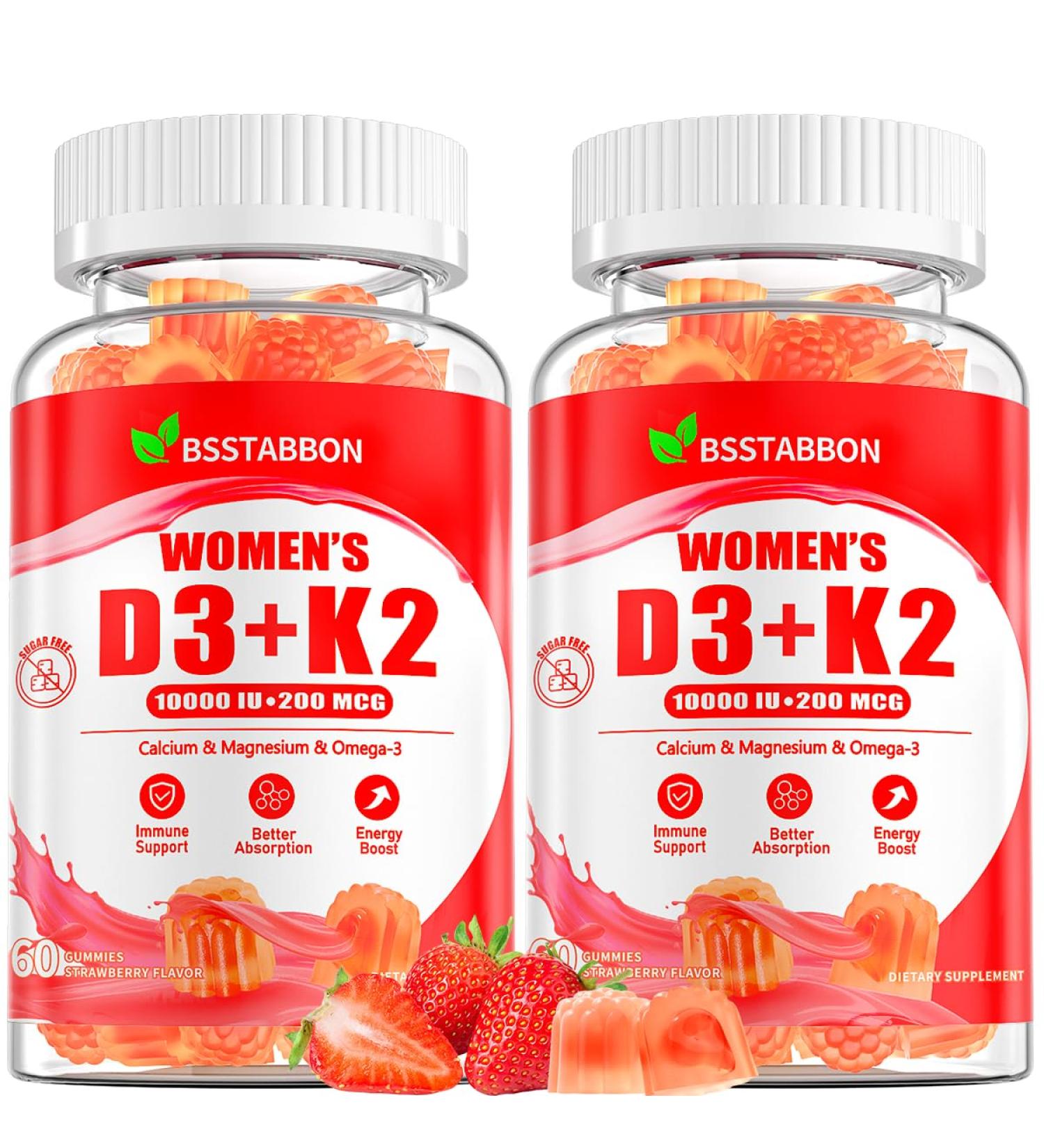 Organic Women s D3 K2 Vitamin Gummies: D3 10000 IU Chewable Vegan Multivitamins Supplement with B12 B6 B9 Plus Magnesium Omega Zinc Calcium - for Immune Energy Skin Support (120Count) Strawberry 60 Count (Pack of 2) - Buy Online on GoSupps.com