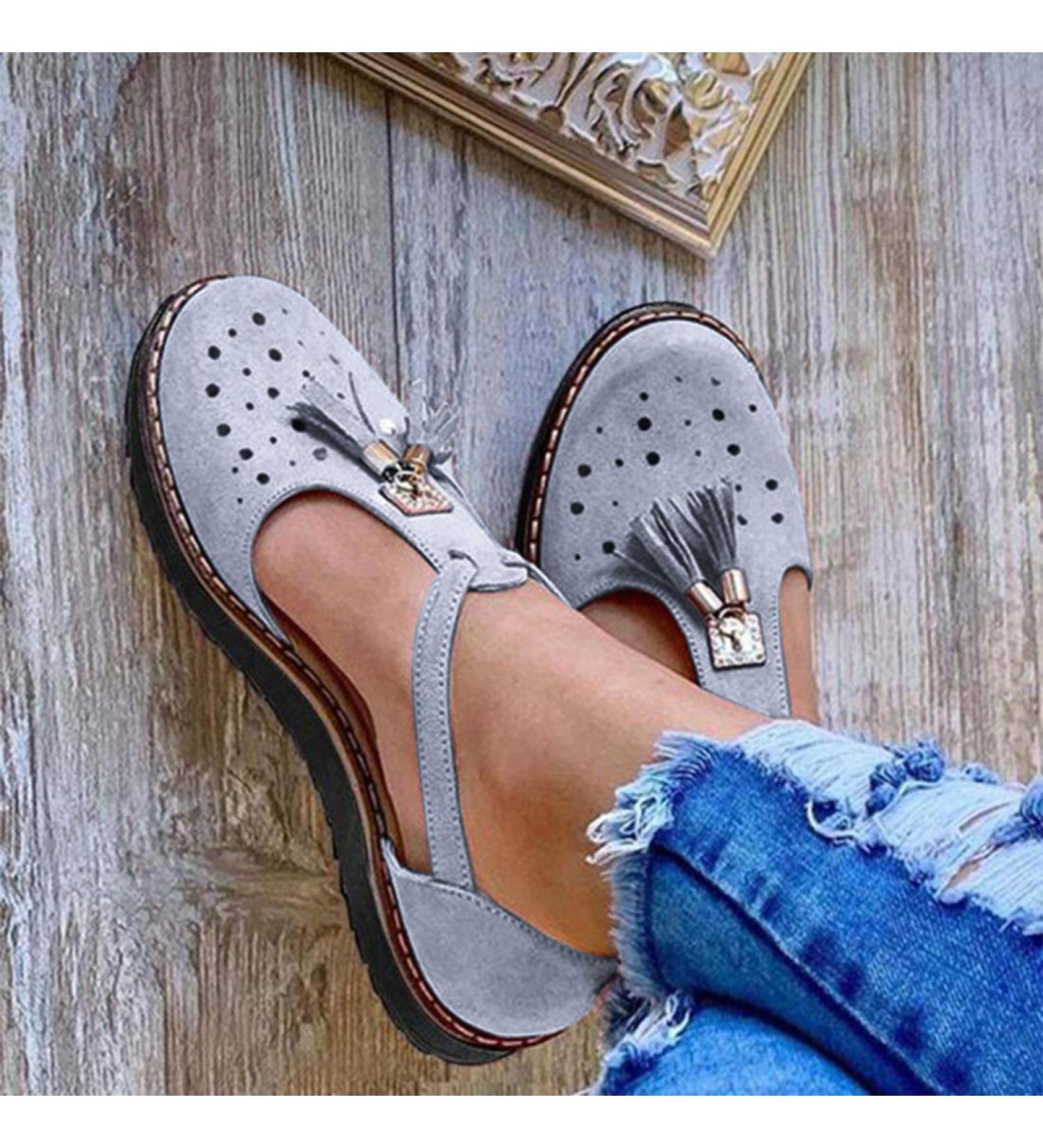 Stylish Leather Flat Sandals for Women with Tassels | Comfortable Summer Beach Shoes | Buckle & Fringes | Perfect for Travel & Outdoor Adventures - Buy Online on GoSupps.com