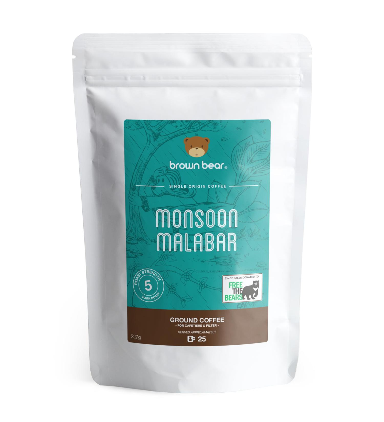 Brown Bear India Coffee: Monsoon Malabar Strong Aged Ground Coffee 227g - Dark Roast - Strength 5 - For French Press, Cafetiere, Filter, Drip, V60, Aeropress - Supports Free The Bears - 1 Pack - 227g - Buy Online on GoSupps.com