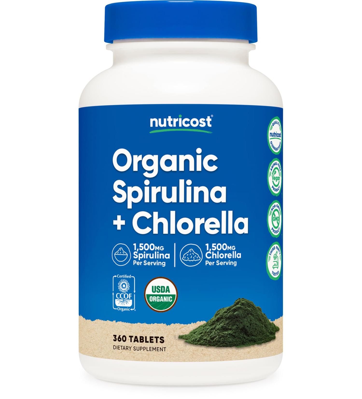 Nutricost Organic Spirulina + Chlorella (3 000mg) 360 Tablets - USDA Organic 1 500mg Spirulina 1 500mg Chlorella Vegan GMO-Free Gluten-Free 60 Servings 360 Count (Pack of 1) - Buy Online on GoSupps.com