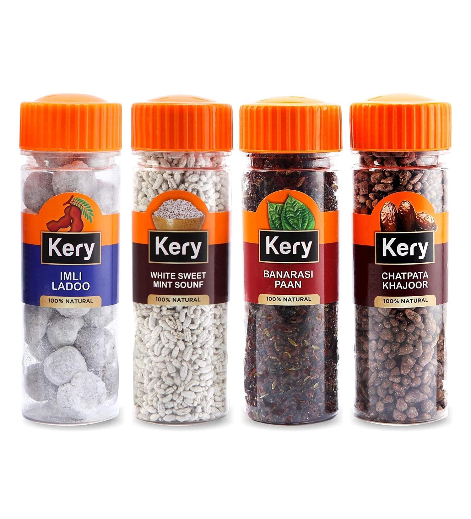 Kery Gift Combo White Sweet Saunf Imli Ladoo Banarasi Mix Chatpata Khajoor Mouth Fresheners (4 Bottles) 480g_Packing May Vary