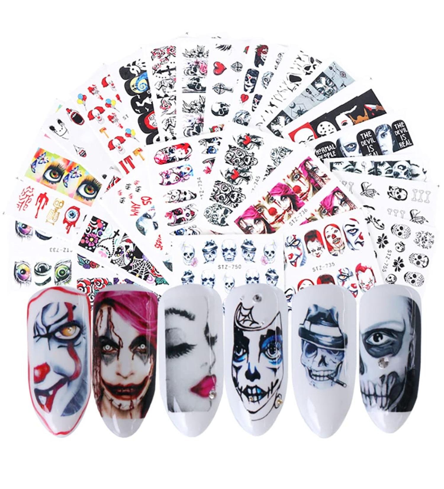 Halloween Nail Stickers Water Transfer Nail Decals Skull Ghost Eye Hulk Clown Witch Nail Art Stickers Halloween Party Supply Manicure Tips Decorations (24 Sheets) - Buy Online on GoSupps.com