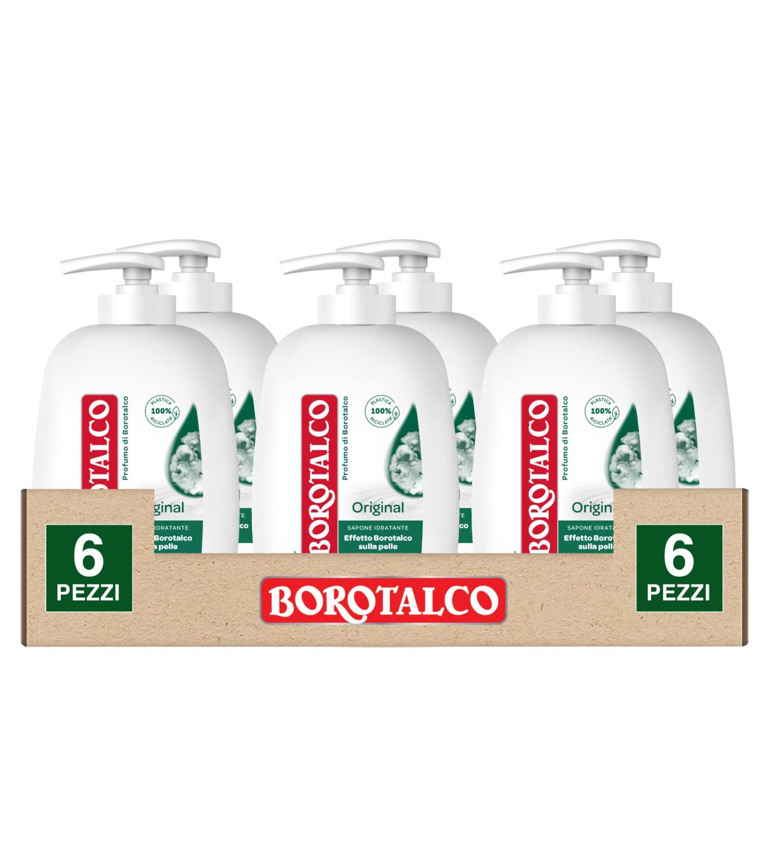Borotalco 6 x Borotalco Moisturising Liquid Soap with Borotalco Scent Soft Leather Effect - 6 Bottles of 250ml Each