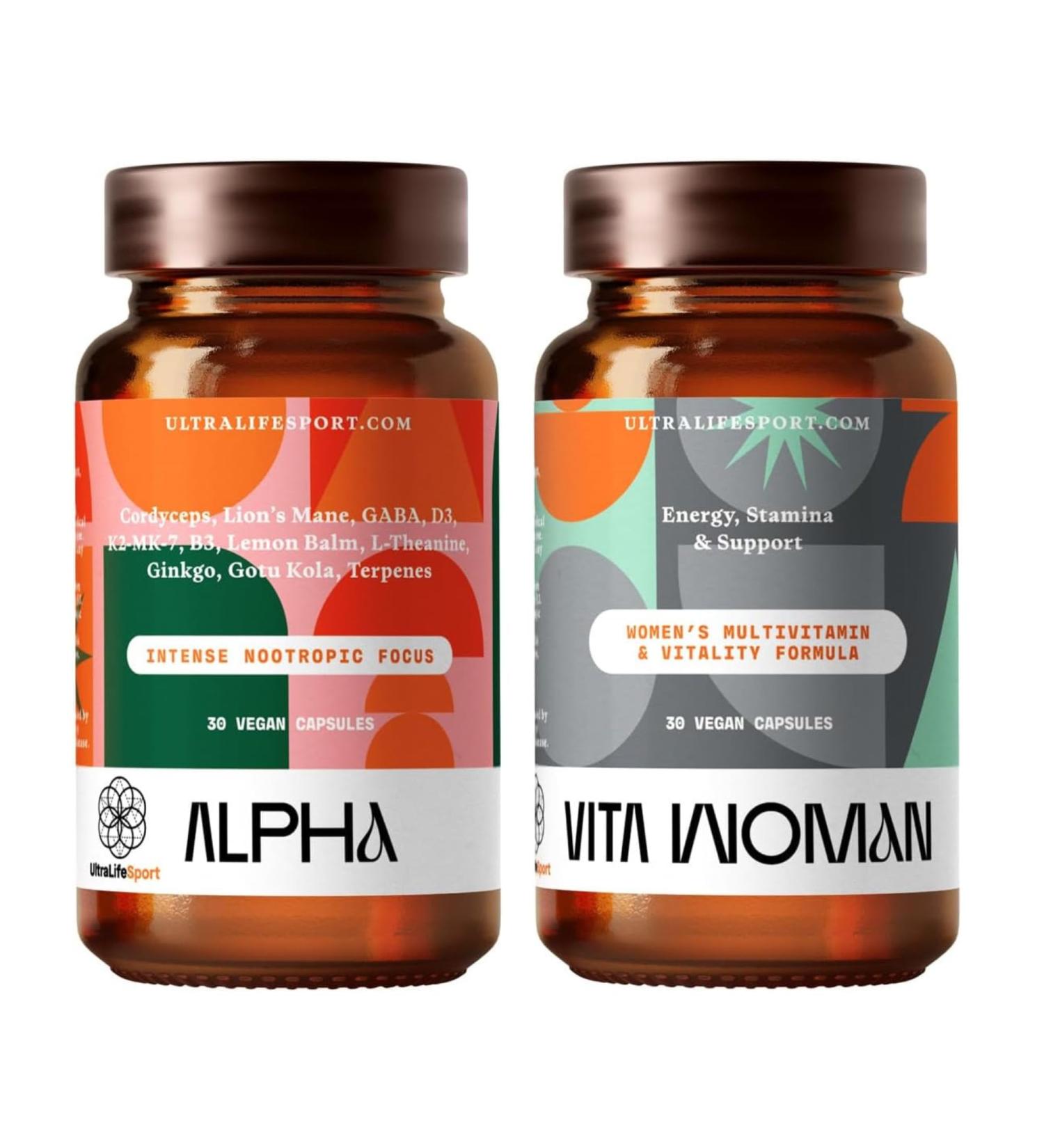 Ultra Life Sport Alpha Nootropic & VITA Woman Multivitamin Bundle Brain & Body Support Memory Focus Mushrooms B Vitamins D3 K2 Vegan Women s Daily Supplement (30 Capsules Each) - Buy Online on GoSupps.com