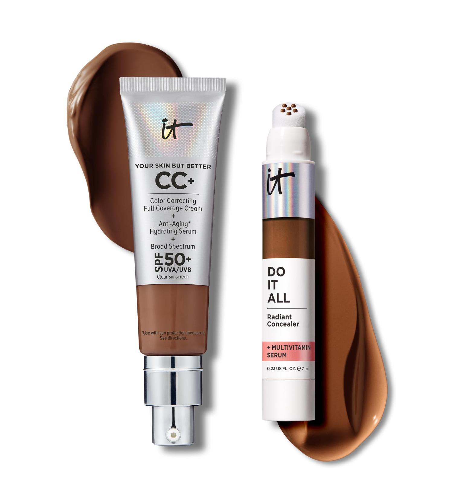 IT Cosmetics CC+ Cream with SPF 50+ Natural Finish Full Coverage Foundation (Deep Honey - 1.08 fl oz) & Do It All Radiant Concealer Multivitamin Serum Makeup (615 Deep Neutral - 0.2 fl oz) - Buy Online on GoSupps.com