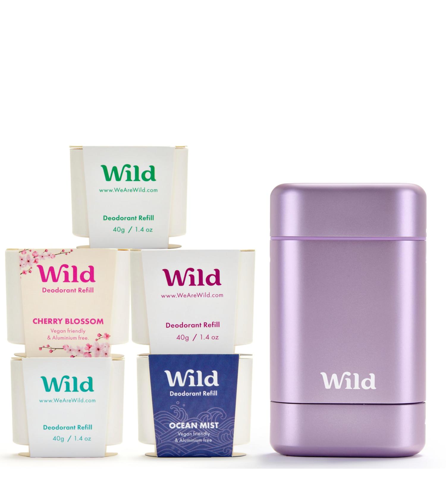 Wild - D odorant Naturel Rechargeable - Etui Violet avec Lot Vari de Recharge - Comprend Cotton & Sea Salt Cherry Blossom Coconut & Vanilla Mint & Aloe Vera et Ocean Mist Lot cat gorie Clean - Buy Online on GoSupps.com