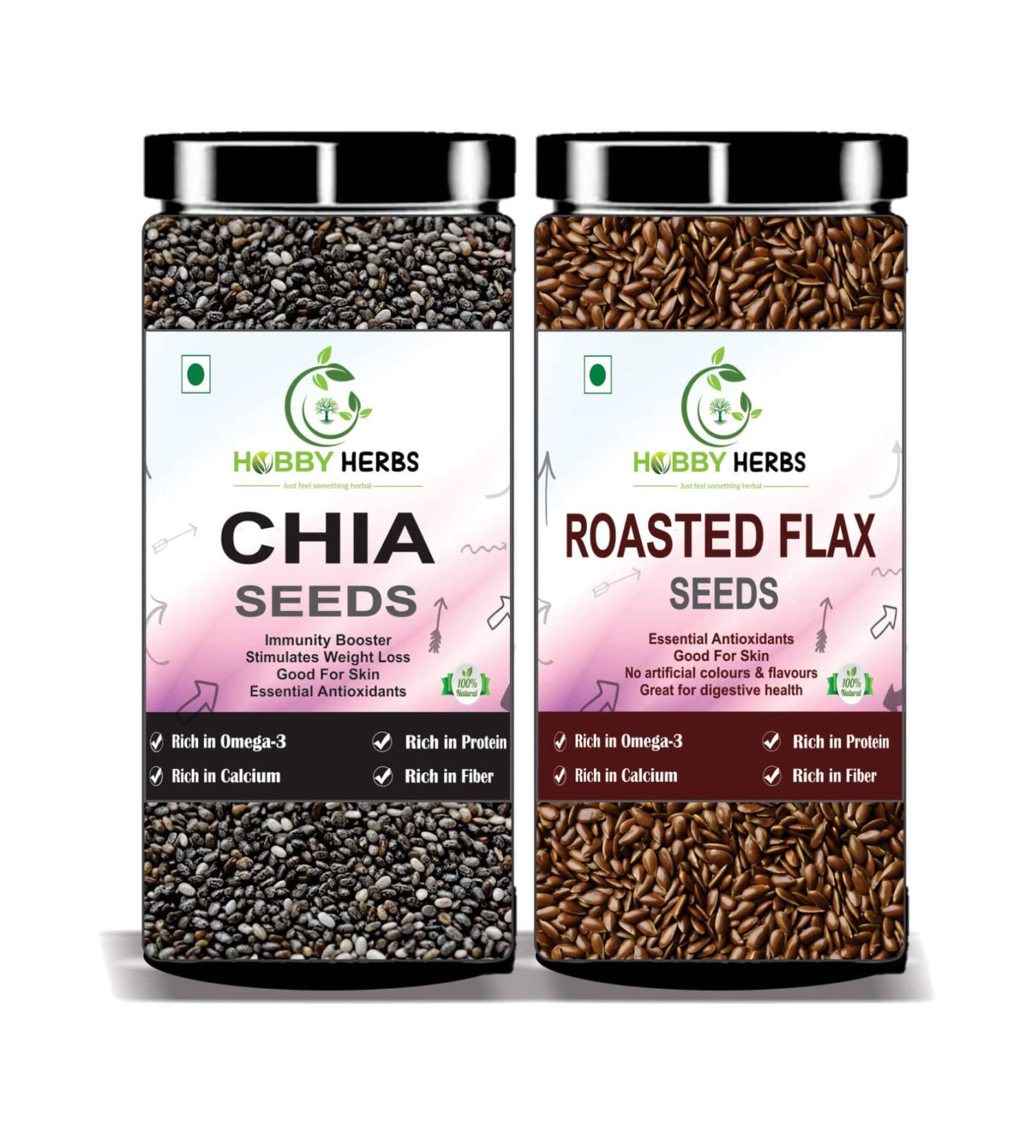 Hobby Herbs Raw Chia Seeds & Roasted Flax Seeds Combo 200g (100g x 2) for Weight Loss with Omega 3 Zinc and Fiber_Packing May Vary
