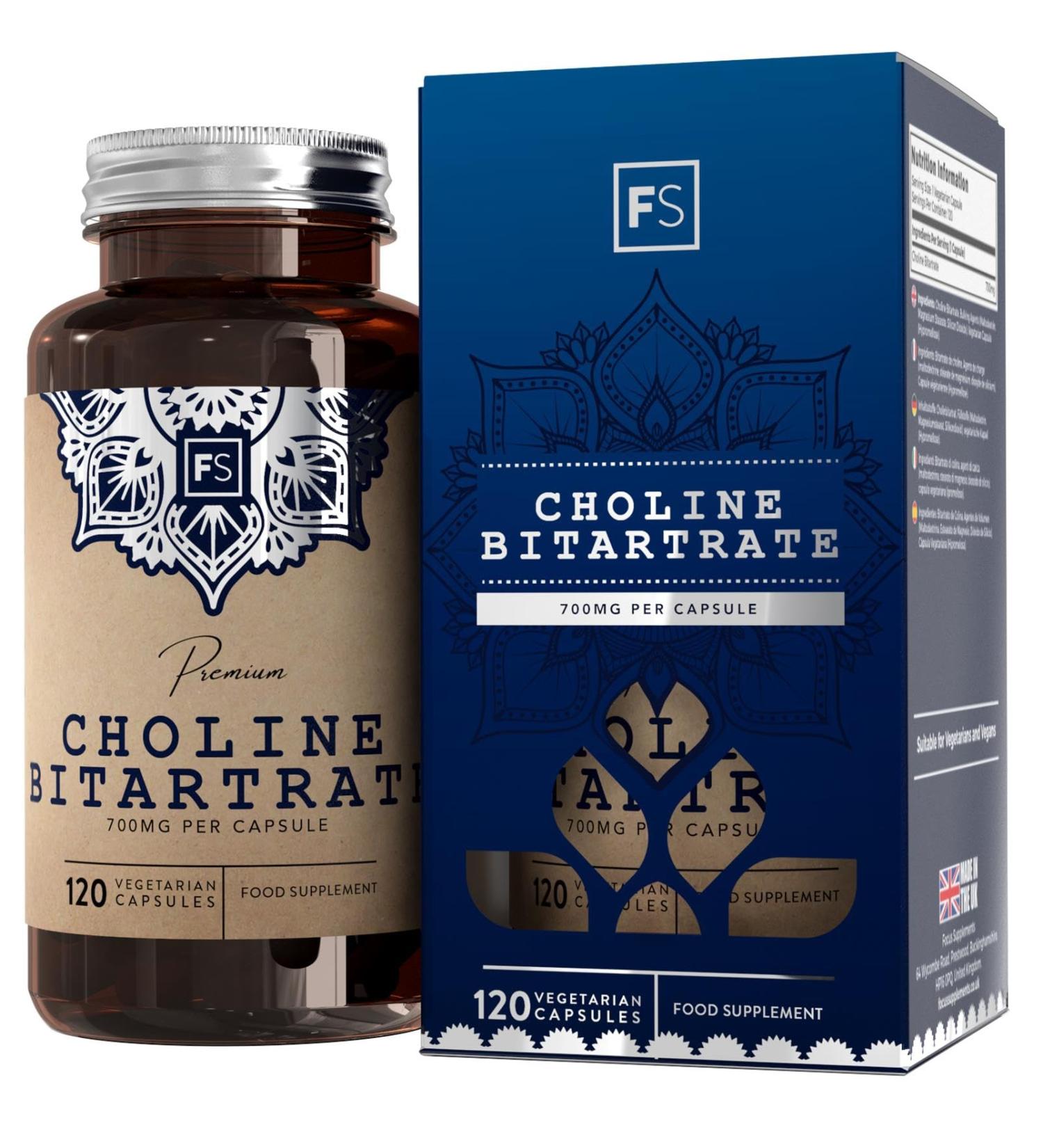 High Strength 700mg Choline Bitartrate Capsules | Nootropic Choline Supplement - 120 Count | Non-GMO, Gluten & Allergen Free | Made in UK - Buy Online on GoSupps.com