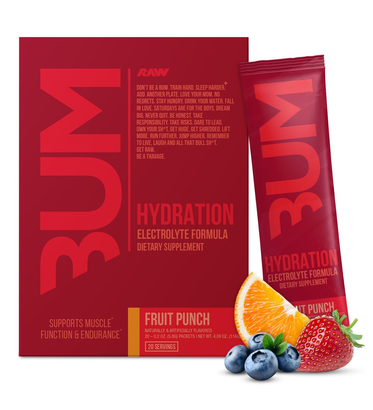 RAW Electrolytes Powder Hydration Drink Mix - BUM Hydrate Fruit Punch (20 Servings) | Electrolyte Packets for Muscle Support & Endurance | Keto-Friendly Hydration Solution - Buy Online on GoSupps.com