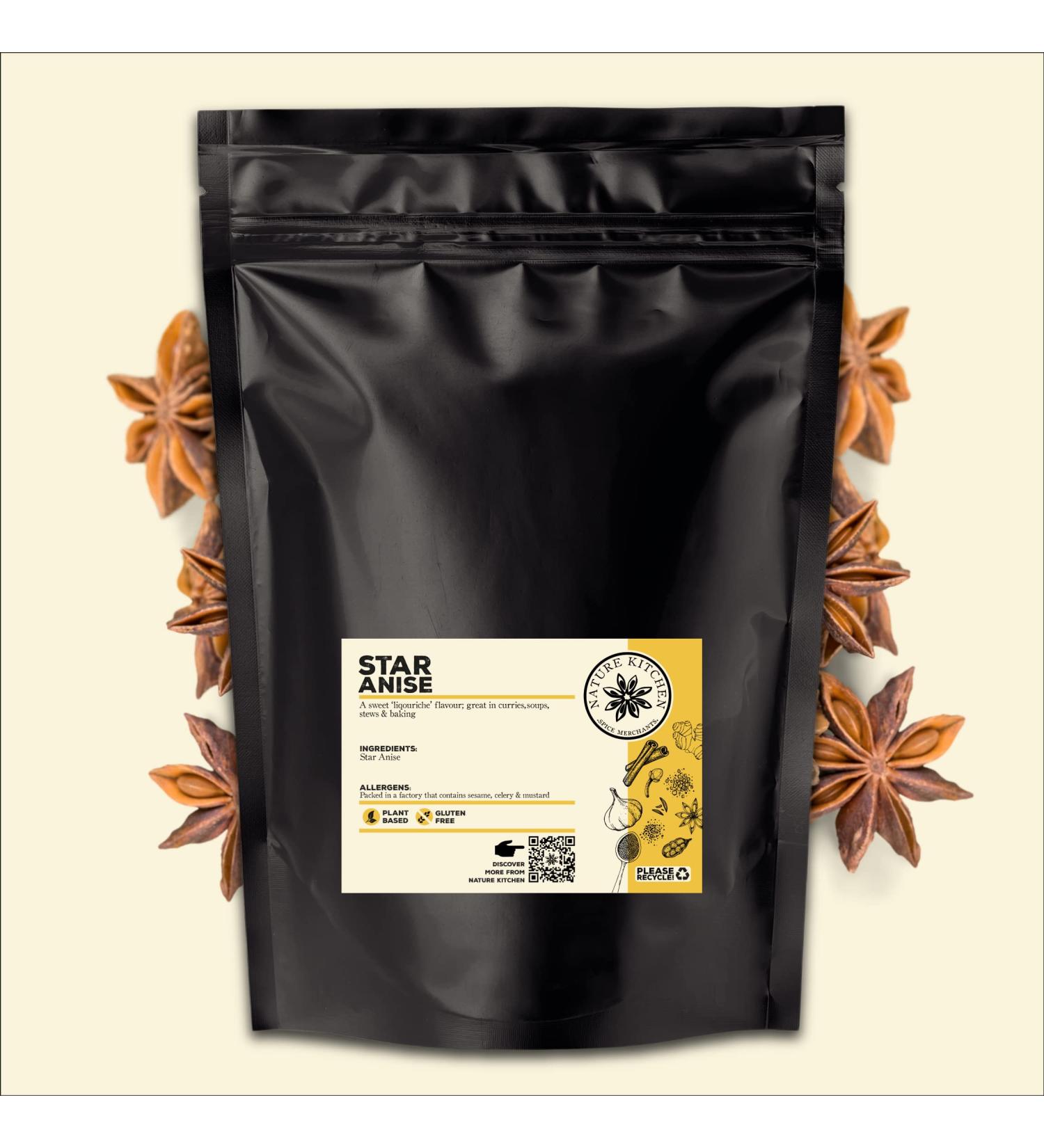 Nature Kitchen China Star Anise Whole 200g - Gluten-Free & Vegan Seasoning Spice Blend for Everyday Cooking - Marinades, Sauces, Frying, Baking, Grilling - Buy Online on GoSupps.com