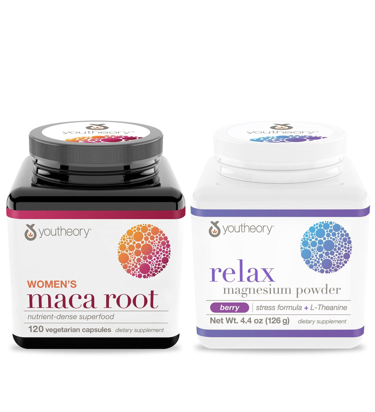 Youtheory Women's Maca Root Vegetarian Capsules 120ct + Relax Magnesium Powder Berry Flavor 4.4oz Value Bundle - Buy Online on GoSupps.com