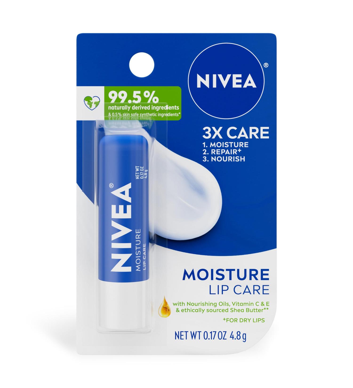 NIVEA Moisture Lip Care Hydrating Lip Balm with Shea Butter Nourishing Oils and Vitamin C & E 3-in-1 Moisture Repair (for Dry Lips) and Nourish 0.17 Oz Stick - Buy Online on GoSupps.com