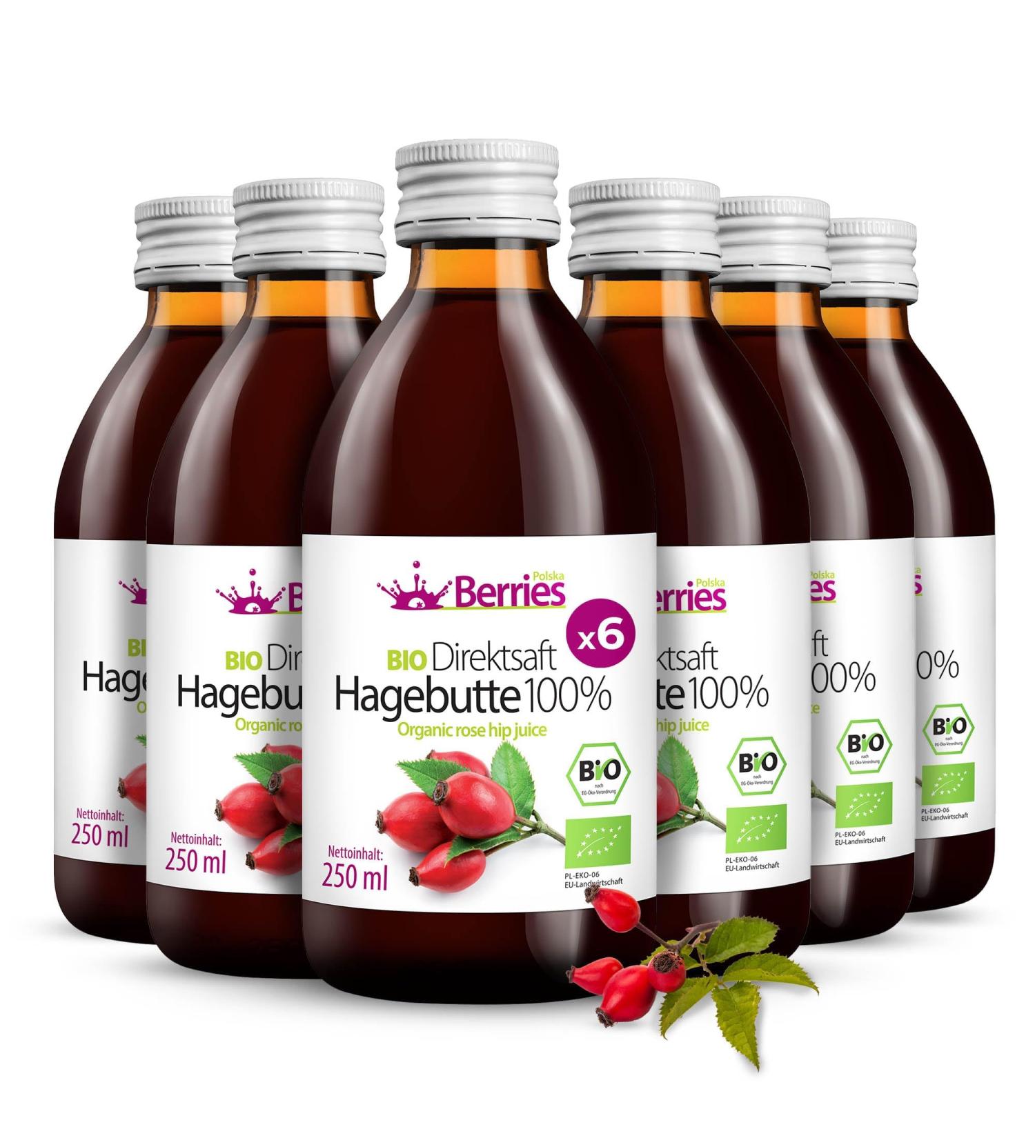 Organic Rosehip Juice 6 Pack (6x250ml) - Bio Pure Cold-Pressed Vegan No Additives - KO - Berriespolska  - Buy Online on GoSupps.com