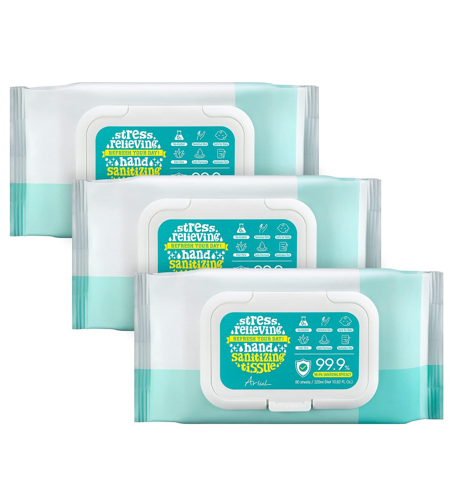 Ariul 80 Count Hand Sanitizing Wipes, Alcohol-Free, Moisturizing, Clinically Tested - Pack of 3 (240 Sheets) - Travel Size - Buy Online on GoSupps.com