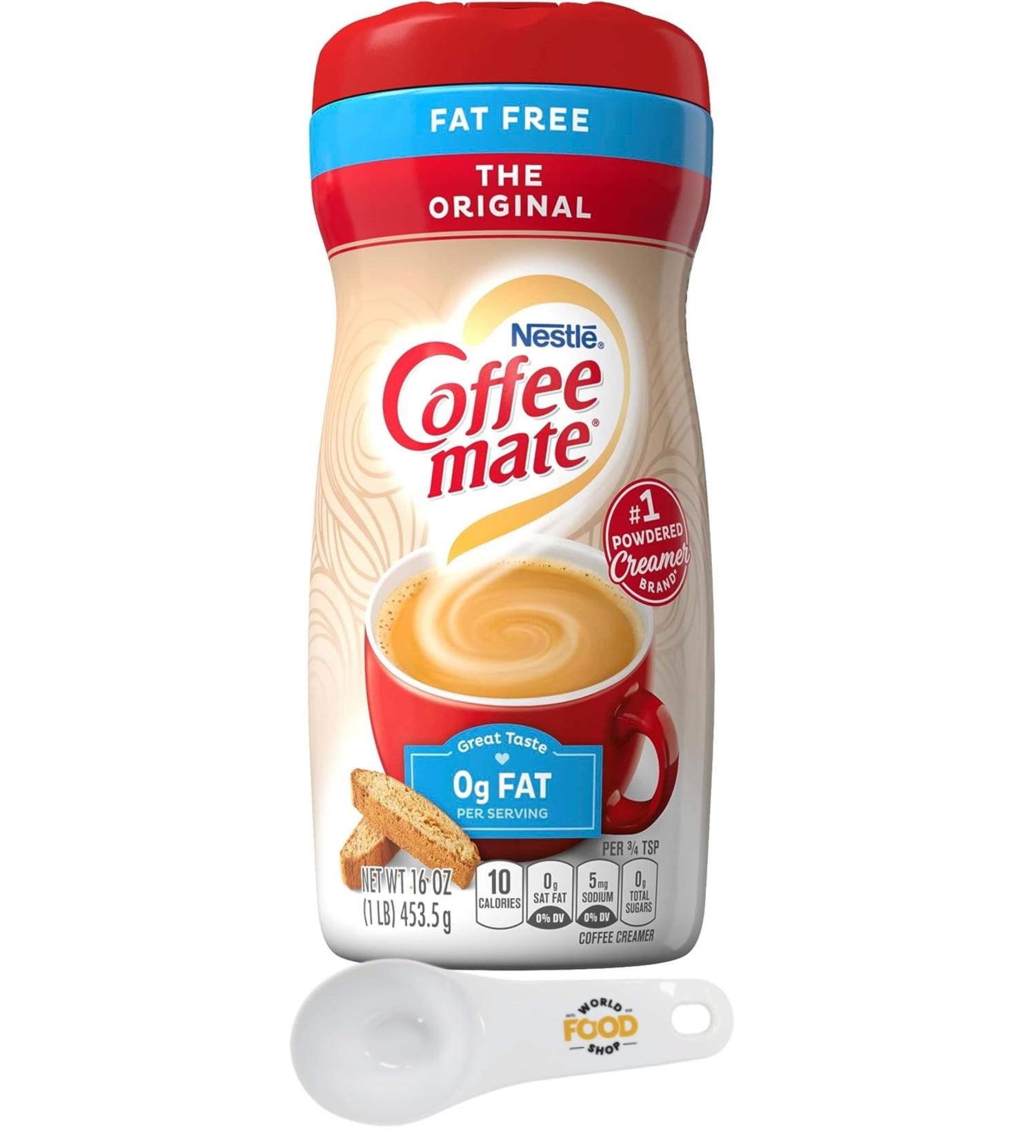 Coffee Mate Powder Original Fat Free - 16oz Canister with World Food Shop Scoop | Non-Dairy Coffee Creamer with a Smooth and Creamy Texture - Ideal for Adding Richness to Your Coffee Experience