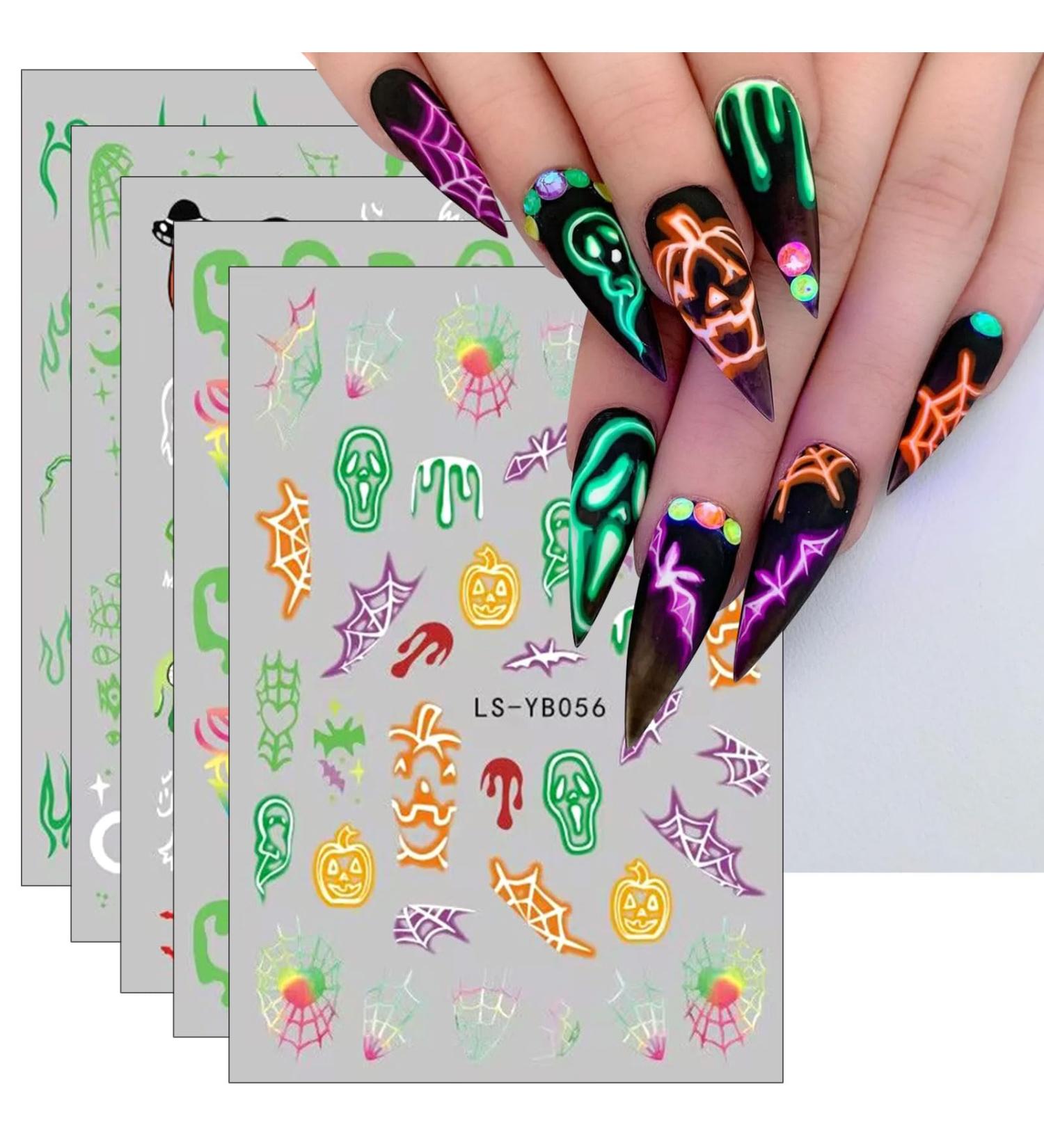JMEOWIO 9 Sheets Halloween Glow in The Dark Nail Art Stickers Decals Self-Adhesive Lumious Skull Ghost Spider Web Bat Pumpkin Nail Supplies Nail Art Design Decoration Accessories - Buy Online on GoSupps.com