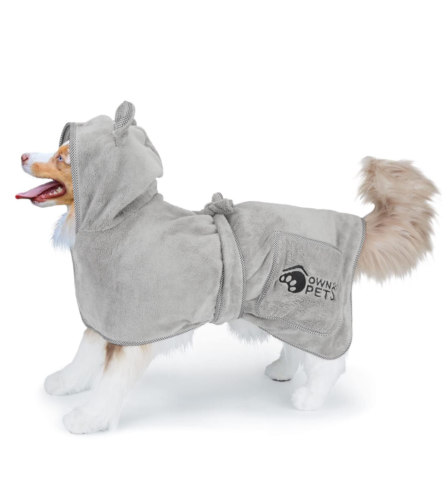 Ownpets Dog Stirring Towel | Rapid Drying Terry Bathing Coat with Velcro Fastener & Adjustable Body Band - Thickening Size M Gray - Perfect for Grooming & Bathing Your Dog - Buy Online on GoSupps.com