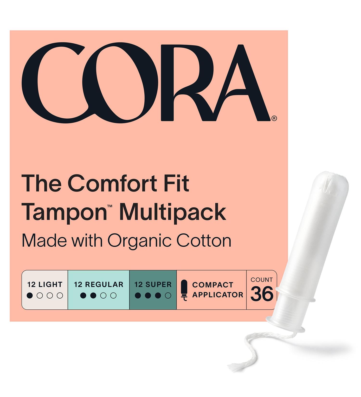 Cora Organic Cotton Applicator Tampons | Light/Regular/Super Absorbency | Unscented & BPA-Free | 36 Count - Buy Online on GoSupps.com
